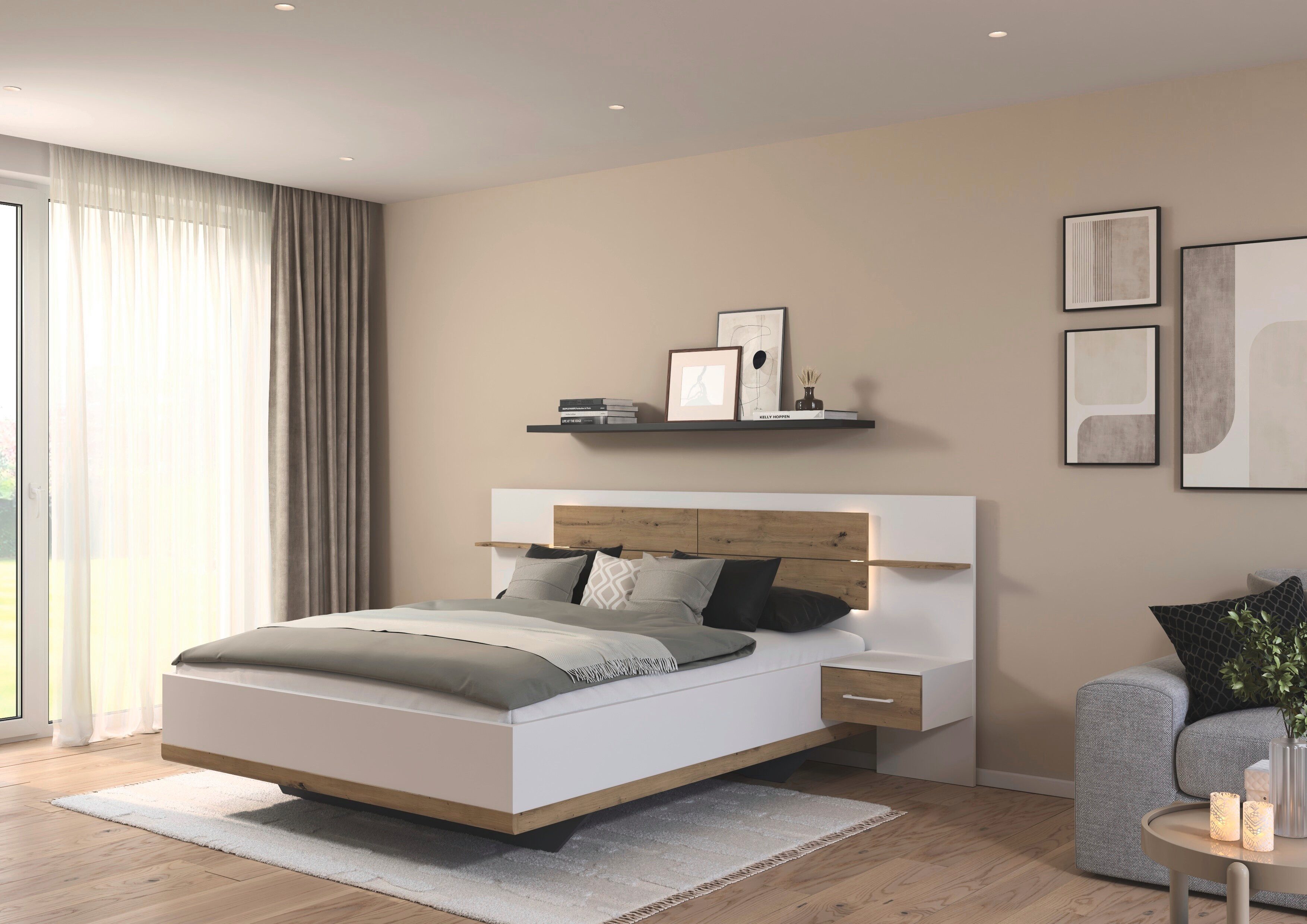 rauch Bettanlage Bett Doppelbett Komfortbett Funktionsbett BOSTON-EXTRA, (Set, 3-tlg., Liegeflächen 160 cm oder 180 cm), Mit warmer Kopfteil-Beleuchtung, 2x Hänge-Nachttische MADE IN GERMANY