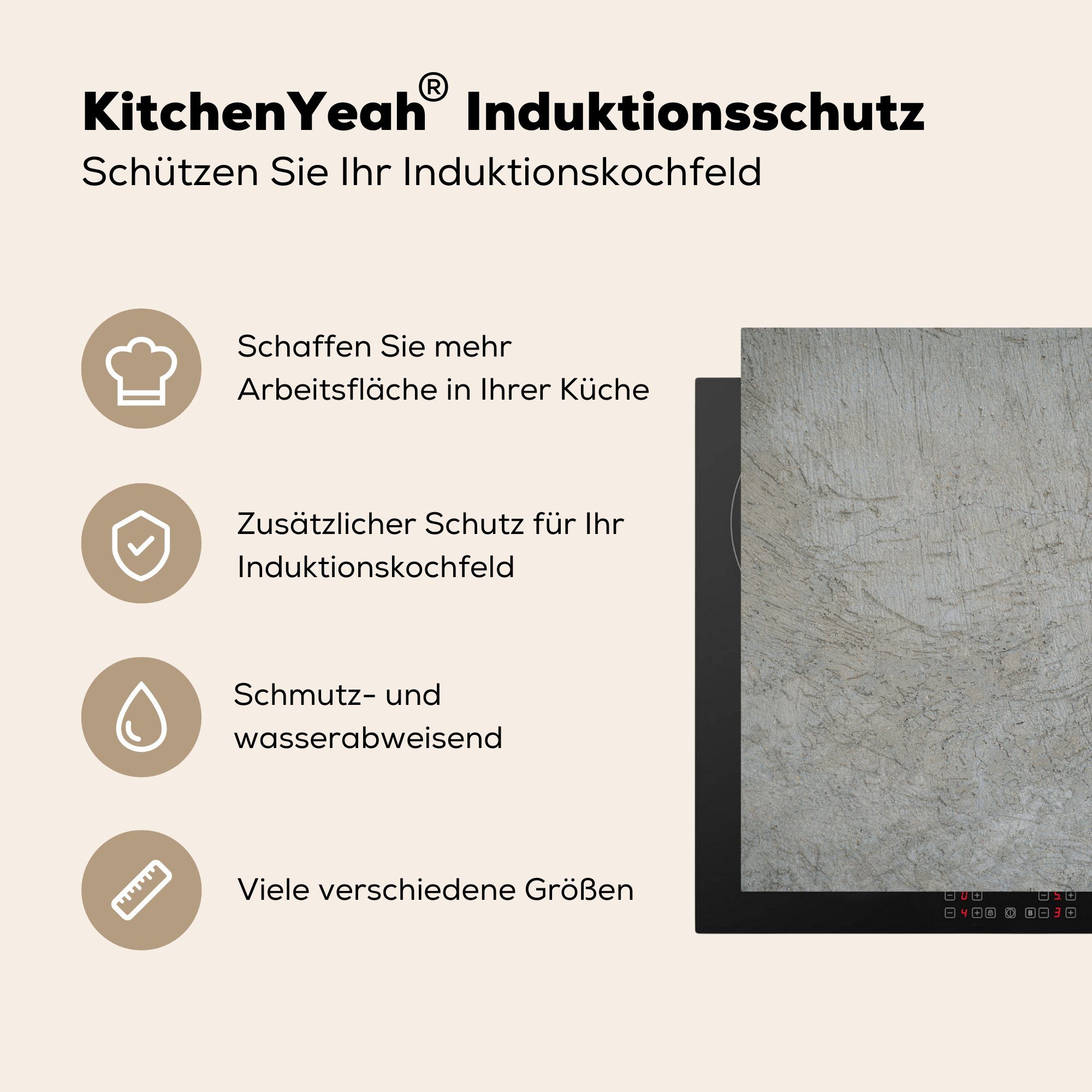 küche Ceranfeldabdeckung, - cm, (1 Herdblende-/Abdeckplatte Grau tlg), Zement für 78x78 Wand - MuchoWow Arbeitsplatte - Vinyl, Beton,