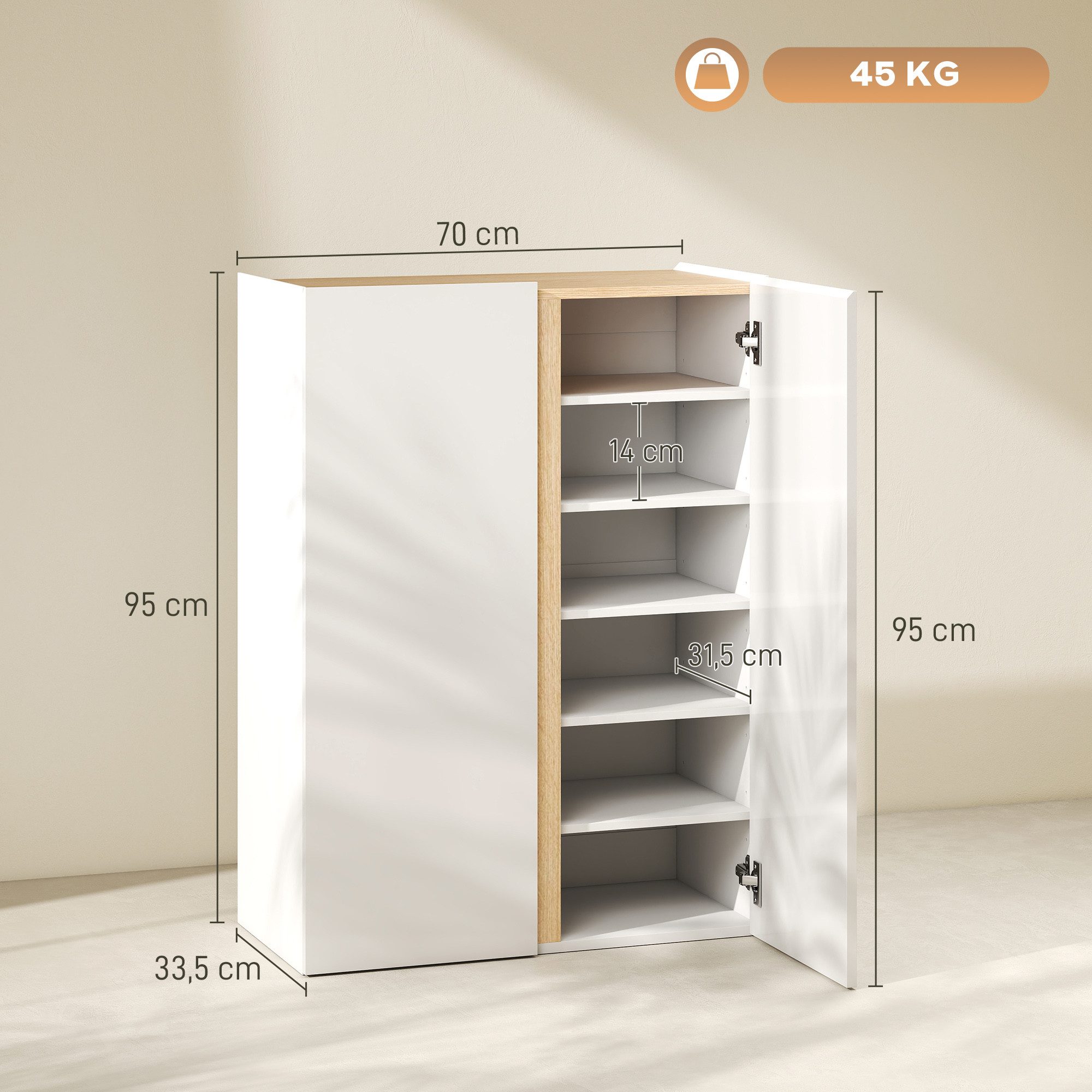 HOMCOM Schuhschrank mit 2 Hochglanz Türen Schuhregal mit 6 Verstellbaren Fächern (Schuhkommode, 1-St., Schuhaufbewahrung) mit Soft-Close-Funktion für 18 Paar Schuhe 70 x 33,5 x 95 cm, Weiß