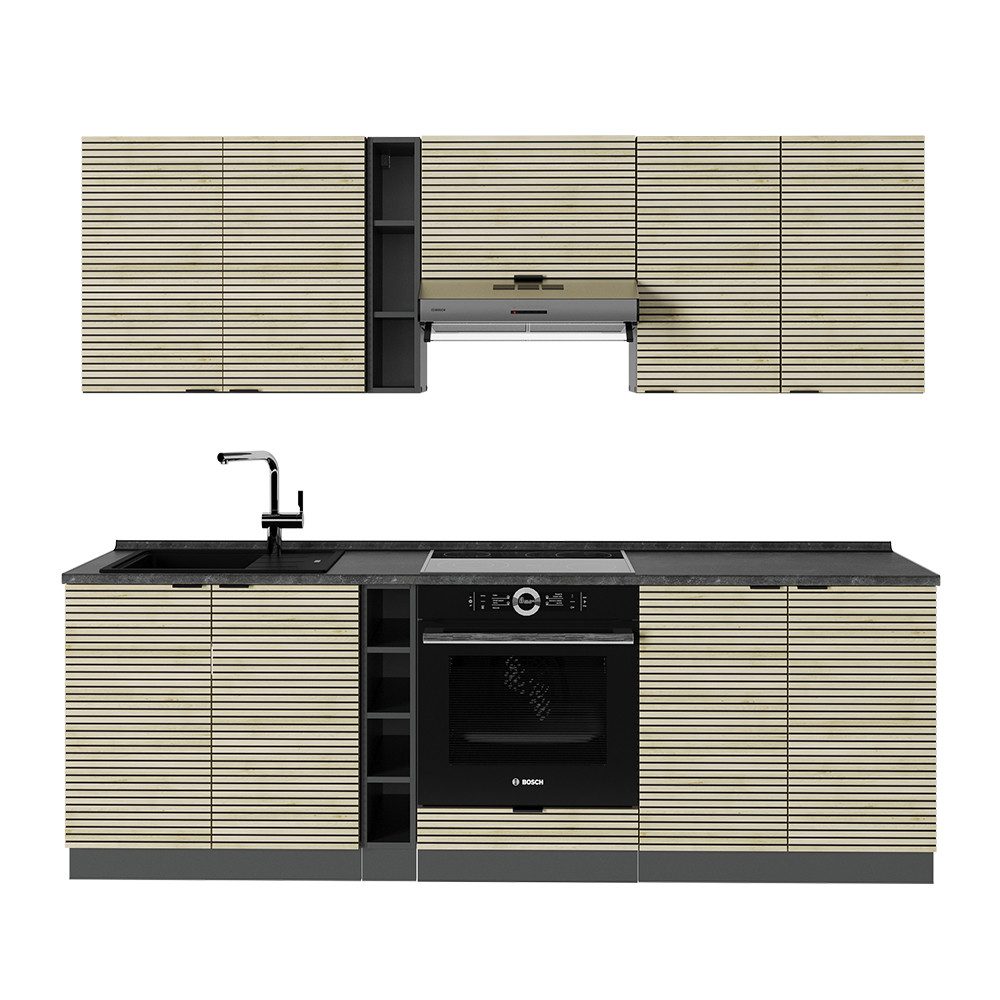 Vicco Küchenzeile Fame-Line, Eiche Paneel/Anthrazit/Anthrazit, 235 cm, AP Anthrazit