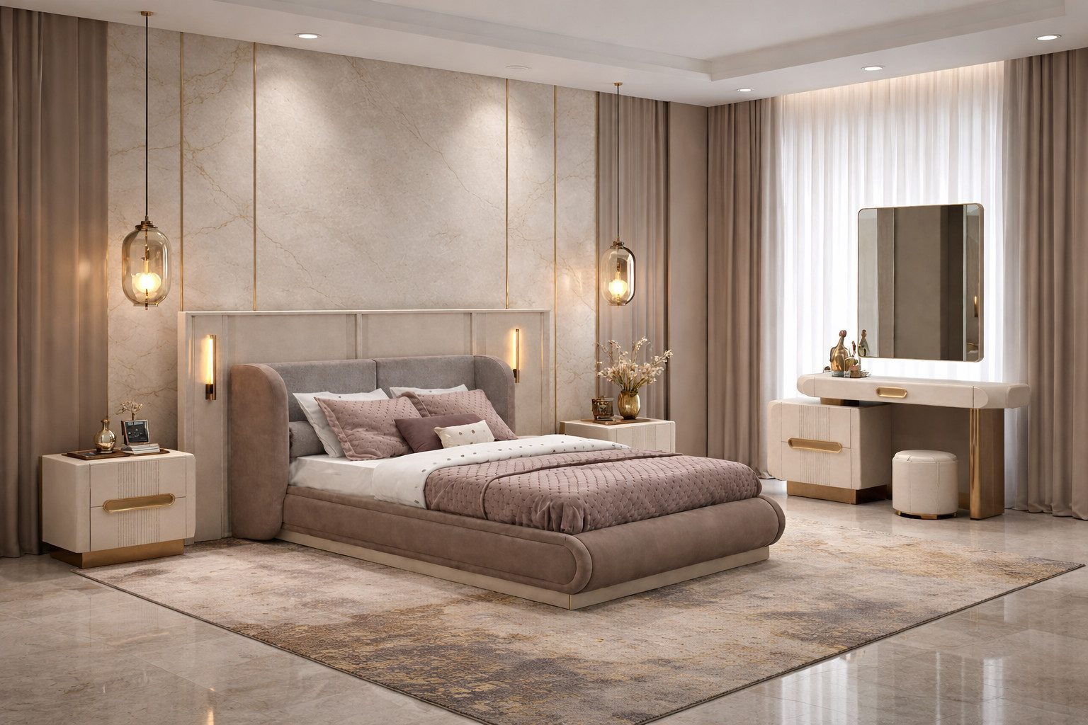 Xlmoebel Schlafzimmer-Set Luxus Polsterbett & Frisiertisch Set Samt-Optik Beige Sofort, (3-tlg)