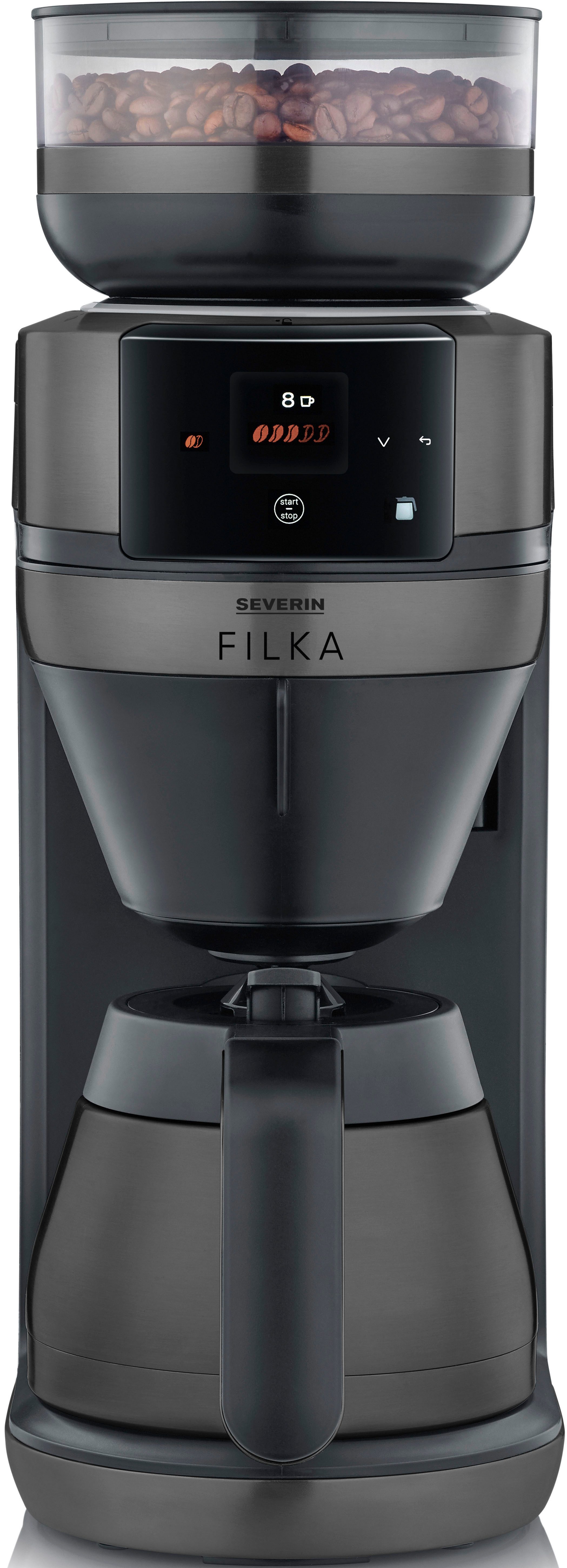 Severin Kaffeemaschine mit Mahlwerk KA 4855 FILKA (2. Generation), Filterkaffee-Vollautomat, 1,1l Kaffeekanne, Papierfilter, Permanentfilter 1x4, mit Thermokanne