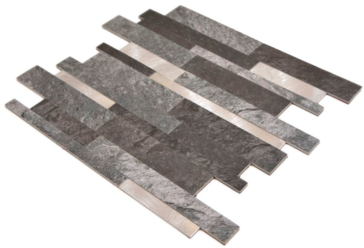 Mosani Mosaikfliesen selbstklebende Vinyl Mosaikstäbchen Steinoptik Quarz anthrazit silber