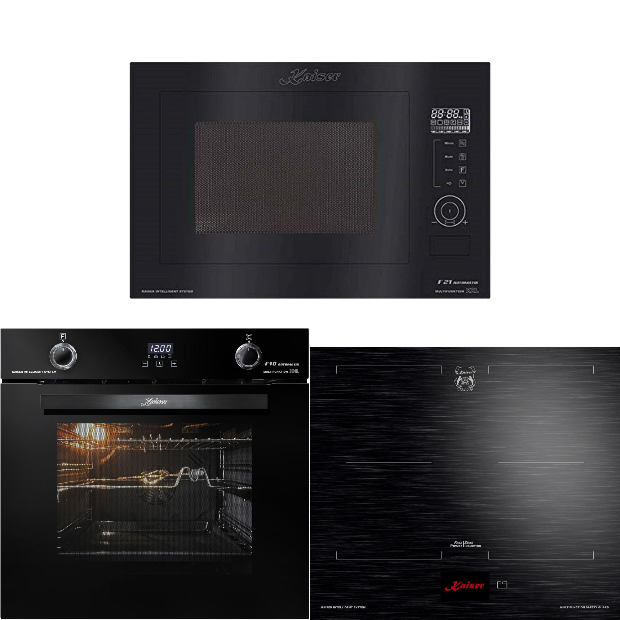 Kaiser Küchengeräte Backofen-Set Herd Set Autark Schwarzer Einbau Backofen 79L Drehknebel 60 cm mit Induktionskochfeld 60 cm FREE ZONE mit 2 FLEX Induktions-Zonen TFT Display+Einbau-Mikrowelle, Schwarz Glas, 25L, Heißluft, Grill, 21 Funktionen EH 6367+KCT 6140 FI+EM 2510, mit 1-fach-Teleskopauszug