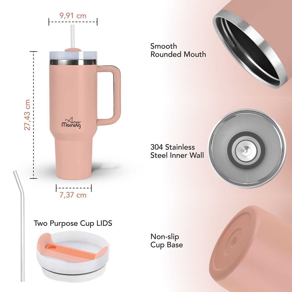 ANY MORNING Thermobecher Any Morning XL Edelstahl Thermosbecher – 1200 ml, Lachsfarben, extra l – Bild 3 von 5