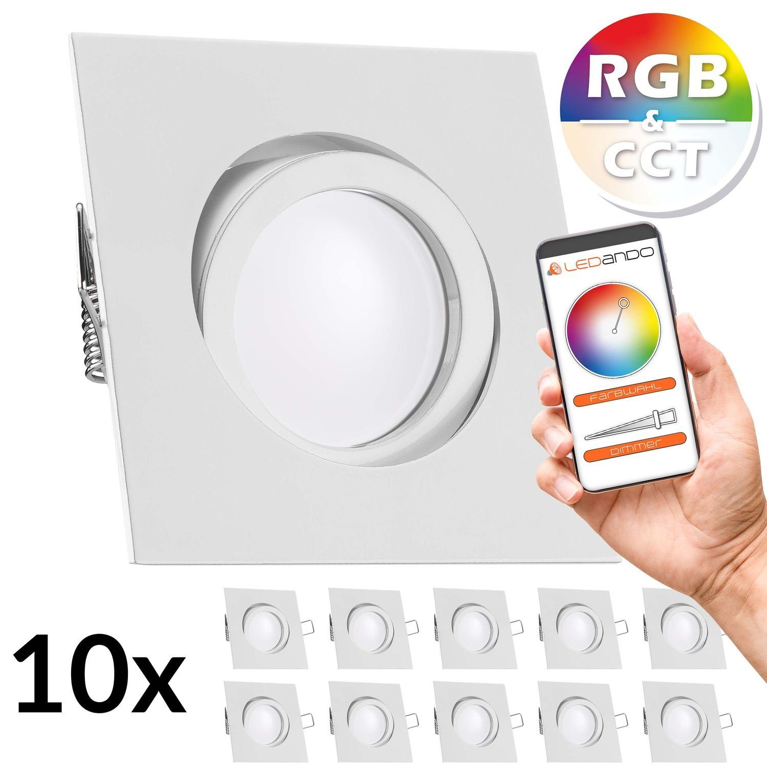 10er LED mit LED Leuch weiß - 5W Set Einbaustrahler Einbaustrahler in LEDANDO RGB extra flach CCT