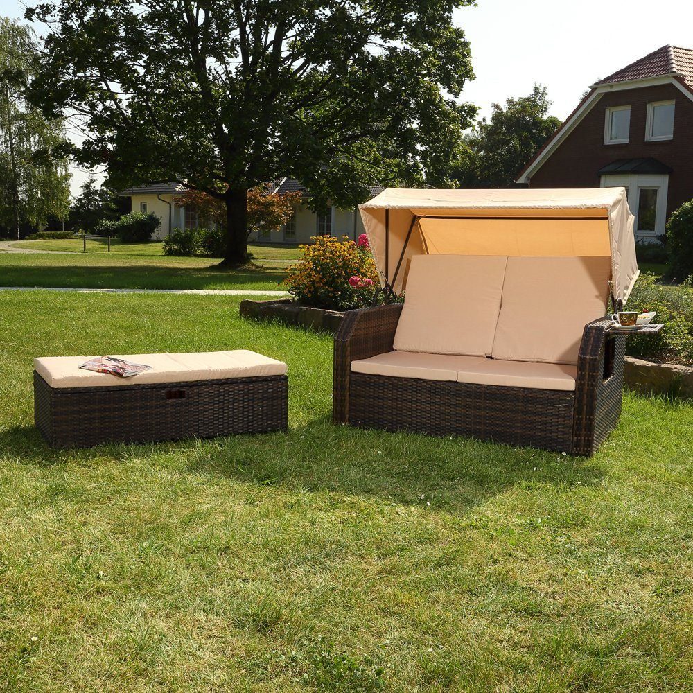 Melko Strandkorb Rattan Strandkorb Sonnenbett Dach Sonnenliege Relaxliege Gartenmöbel, BxTxH: 145x143x130 cm, (Gartenliege mit Hocker)