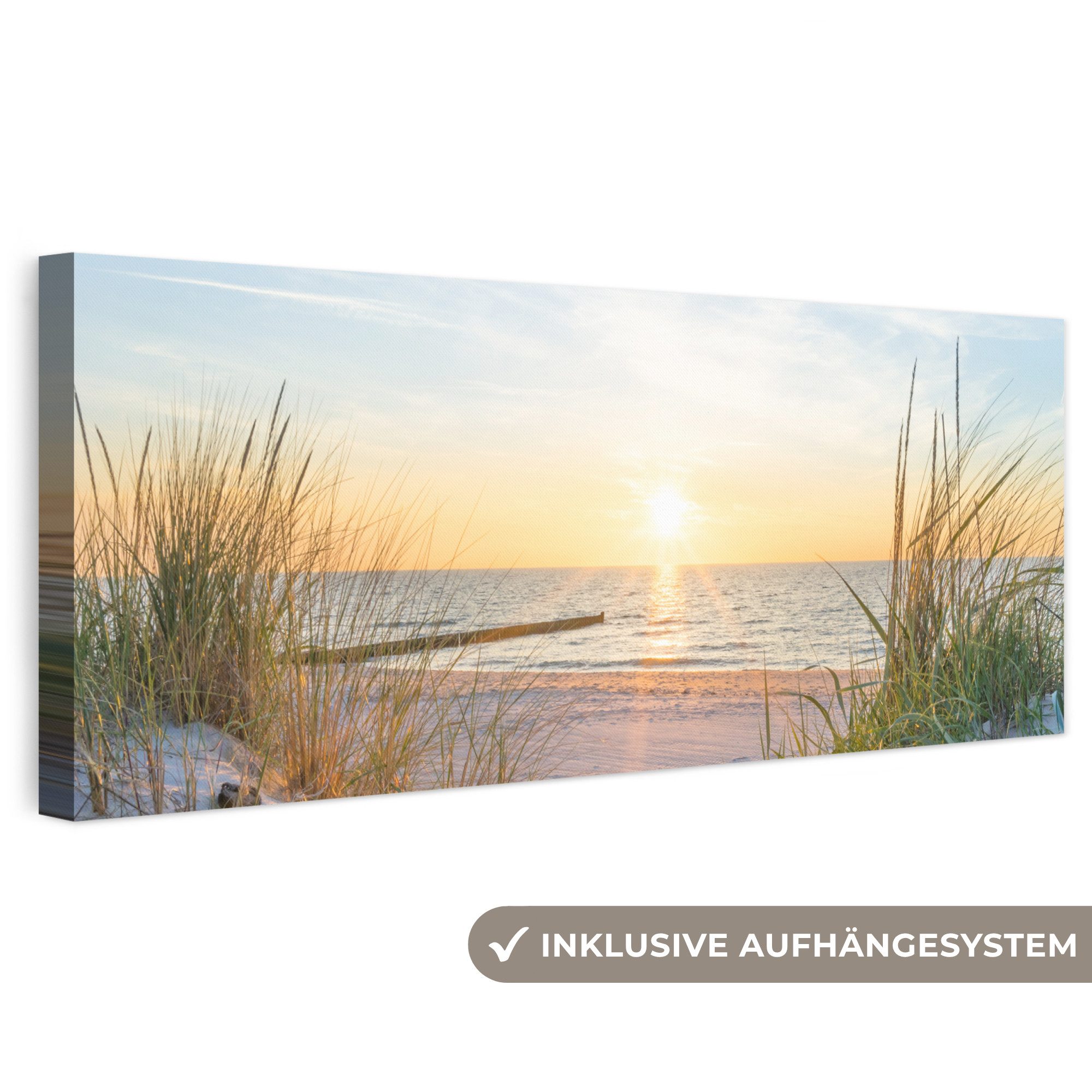 OneMillionCanvasses® Leinwandbild Panorama Strand - Sonne - Düne - Gras - Sand - Horizont, Fotodruck (1 St), Wandbild, Deko Schlafzimmer Wohnzimmer Flur 60x20 cm