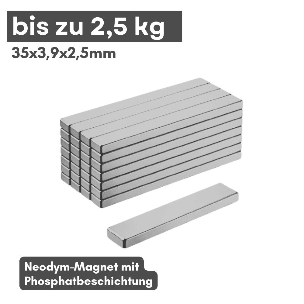 MaajeeKuto Magnet Neodym Magnet 35x3,9x2,5 mm 45H – Phosphat Quadermagnet 2,5 kg (200-St)