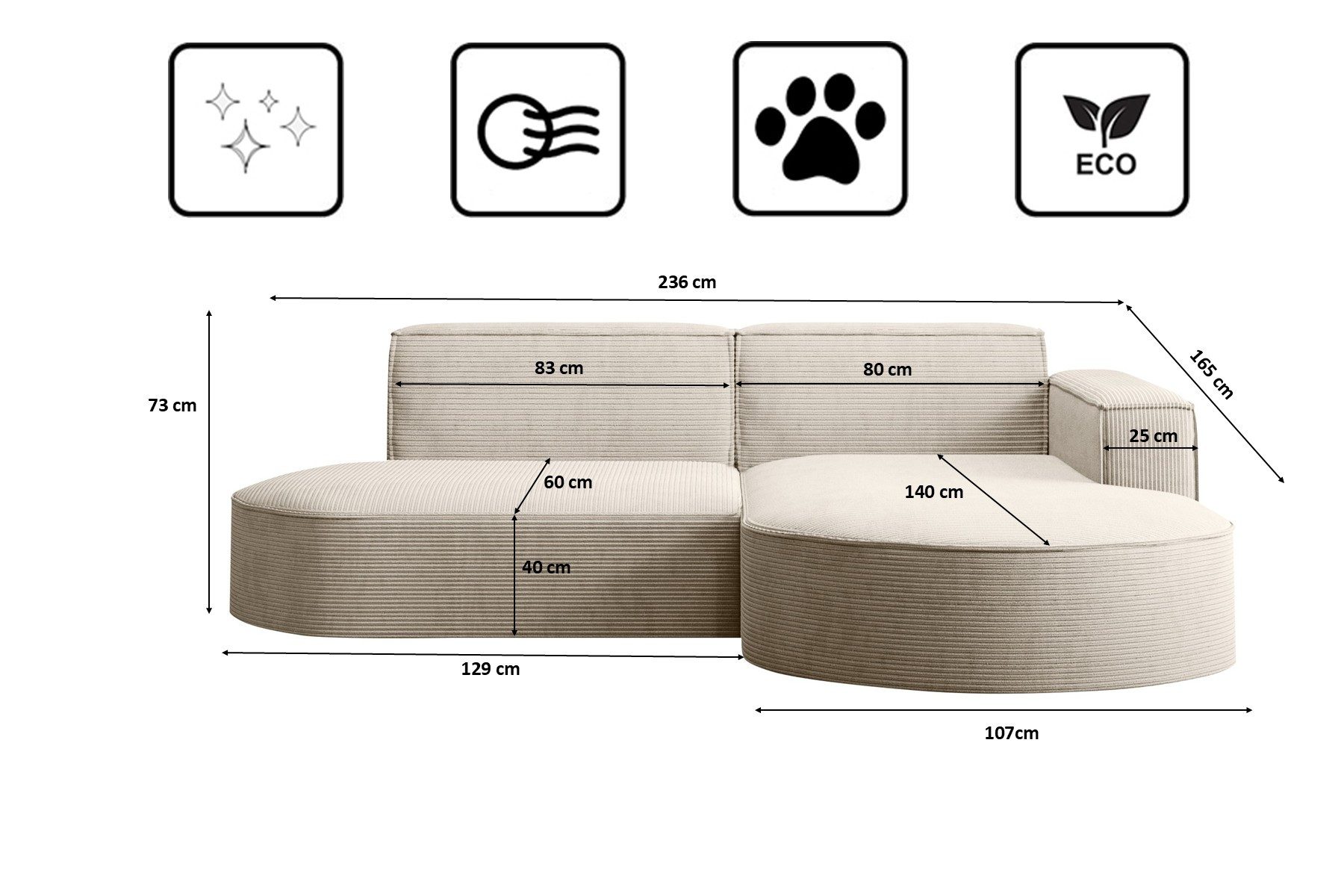 Kaiser Möbel Ecksofa Designer MODENA STUDIO L stoff Cord, Ecksofa, Cord Sofa, L-Form, Links/Rechts wählbar