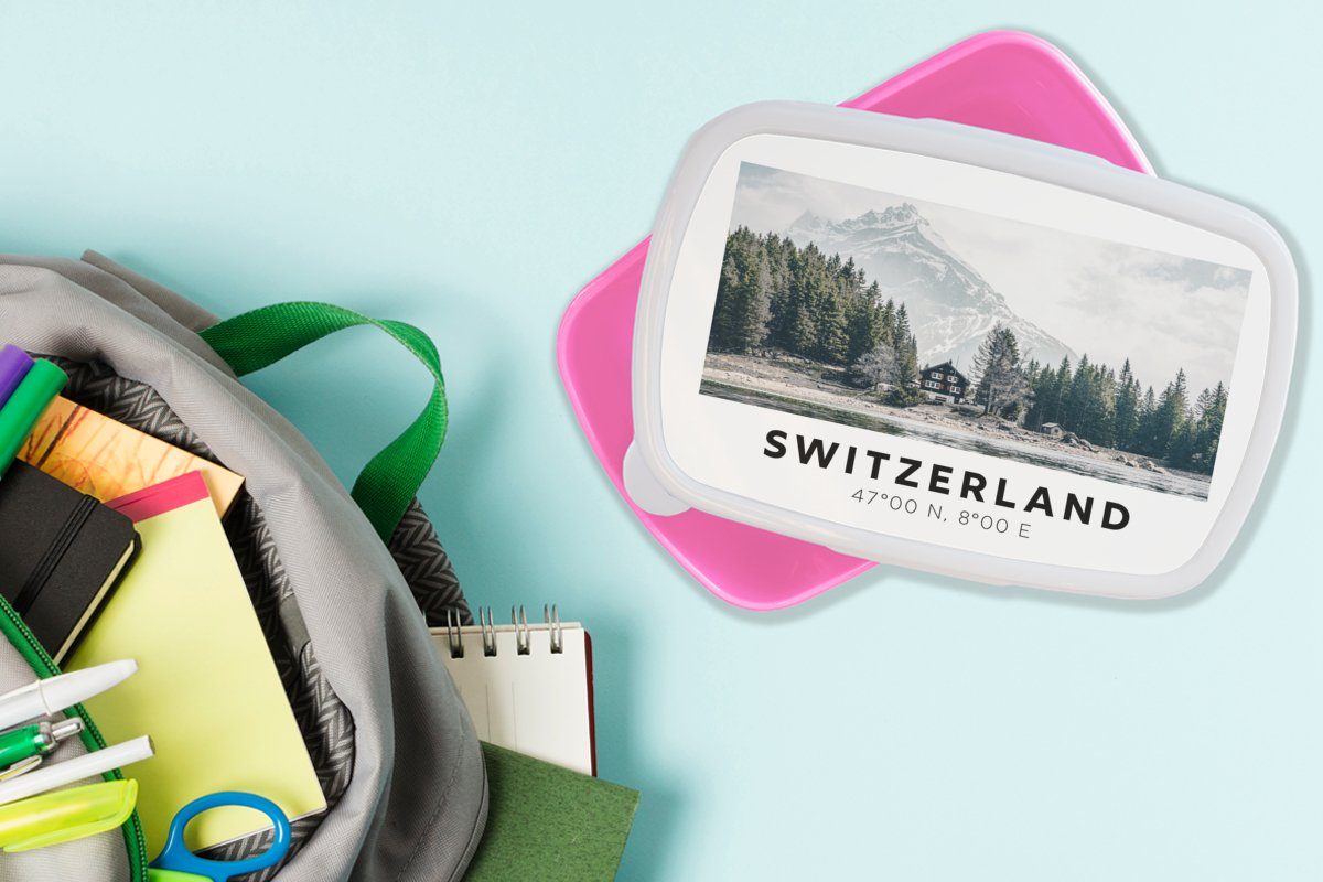 MuchoWow Lunchbox Schweiz - Kinder, für Kunststoff, Berg - Grün, Erwachsene, Snackbox, rosa Brotdose Mädchen, Chalet Kunststoff (2-tlg), - Brotbox