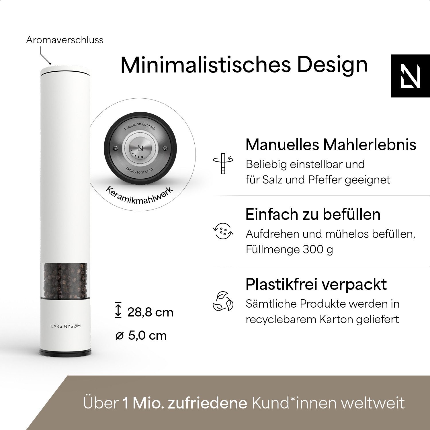LARS NYSØM Gewürzmühle Lagom manuelle Bedienung, (1 Stück), Edelstahl XXL Gewürzmühle mit Keramikmahlwerk (Stufenlos) – Bild 4 von 5