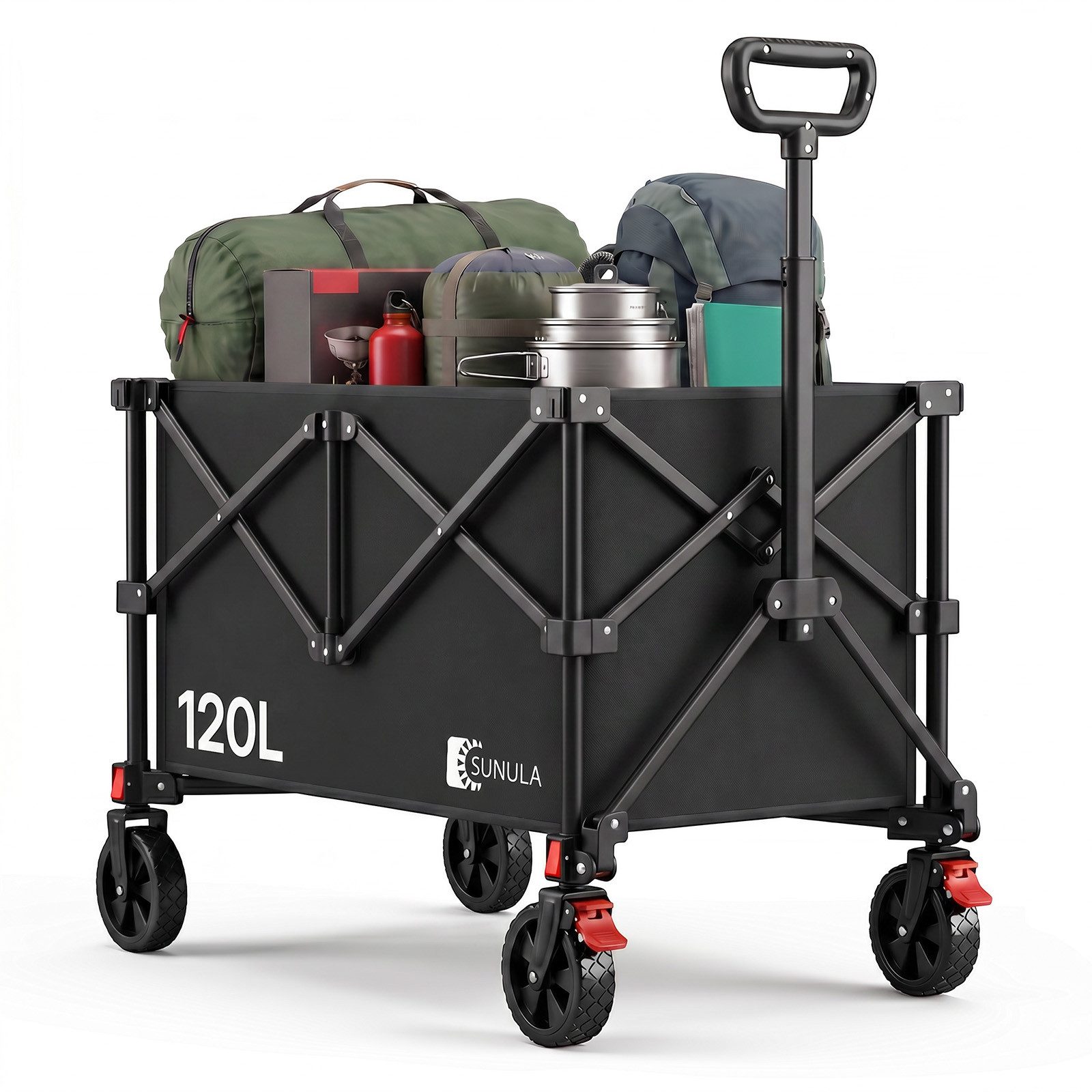 SUNULA Bollerwagen Faltbar Transportwagen, 4-seitig zusammenfaltbarer Handwagen Klappbar, 120 L / 80 KG Schubkarre für Sport, Garten, Einkaufen, Camping