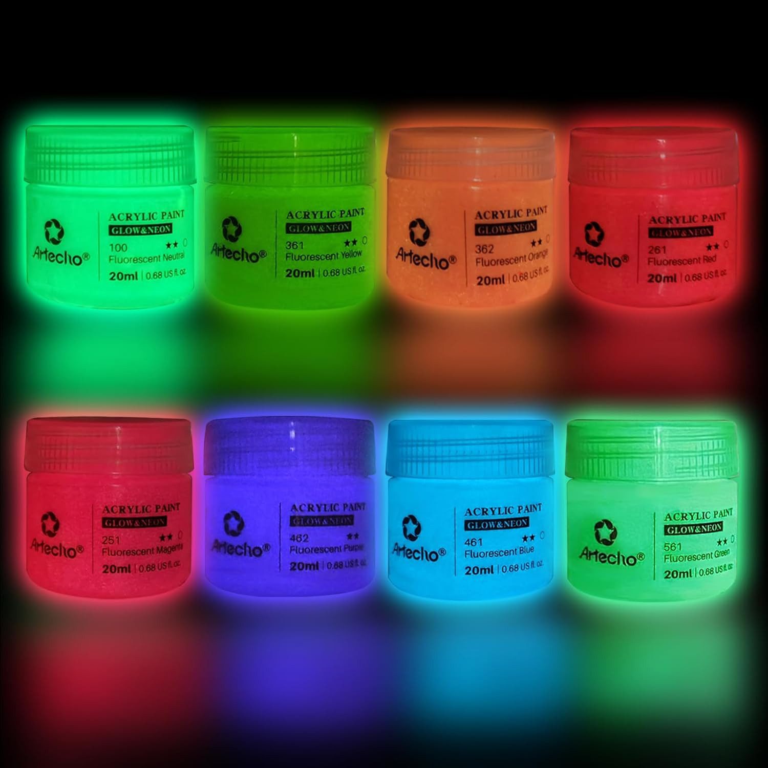 Artecho Acrylfarbe Neon & Glow Farben – 6 x 59 ml / 8 x 20 ml – für Anfänger & Profis, Leuchtende Neonfarben unter Schwarzlicht & dezenter Glow-Effekt