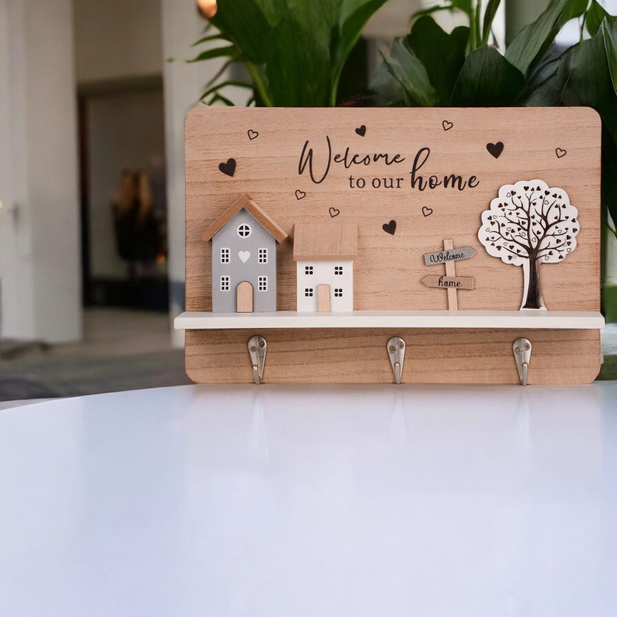 UNUS HOME Wanddekoobjekt Schlüsselhalter Schlüsselbrett (naturfarben), Liebevolles Holzdesign, 3 Haken, „Welcome to our Home“-Motiv, robust. – Bild 3 von 5