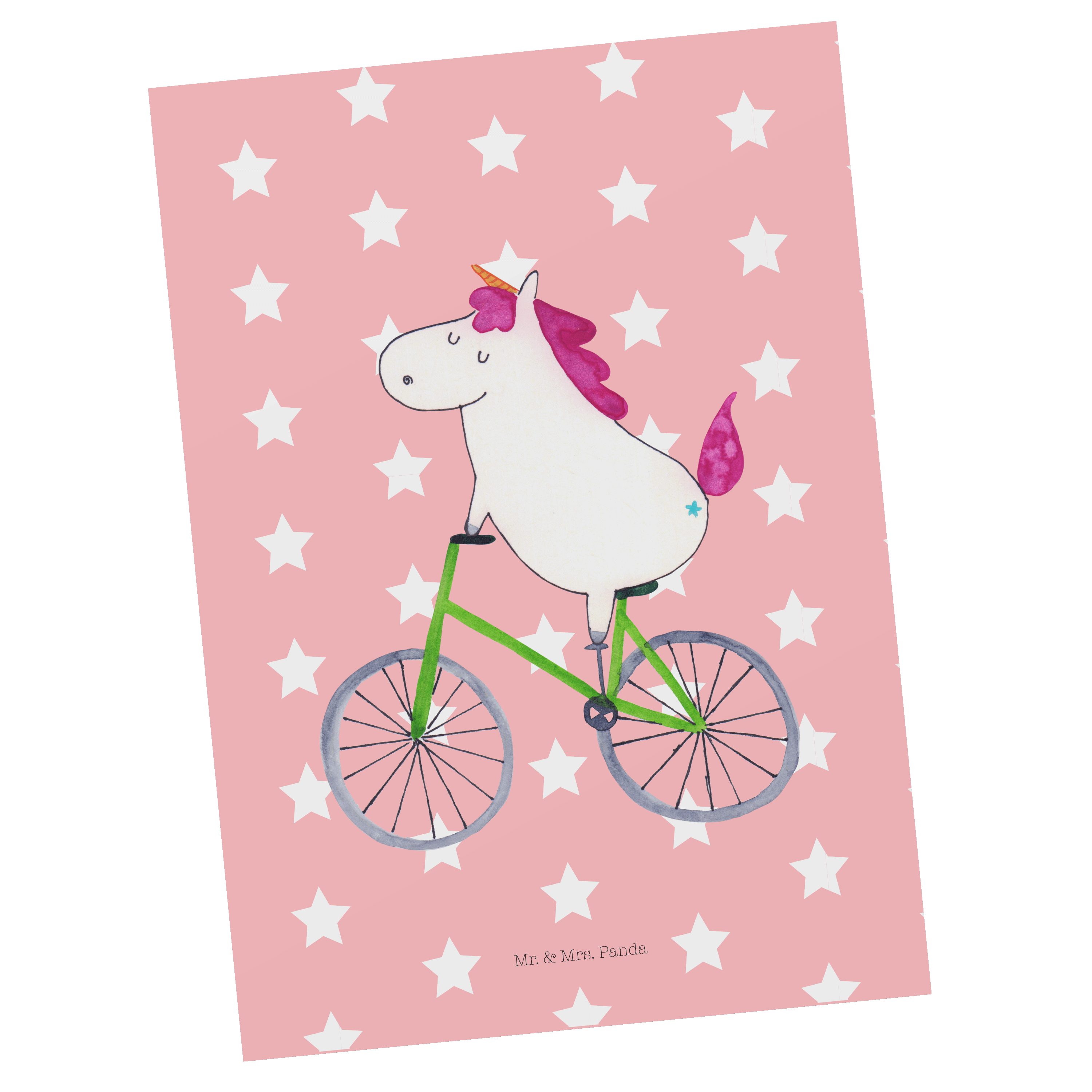 Mr. & Mrs. Panda Postkarte Einhorn Radfahrer - Rot Pastell - Geschenk, Einhorn Deko, Geburtstags