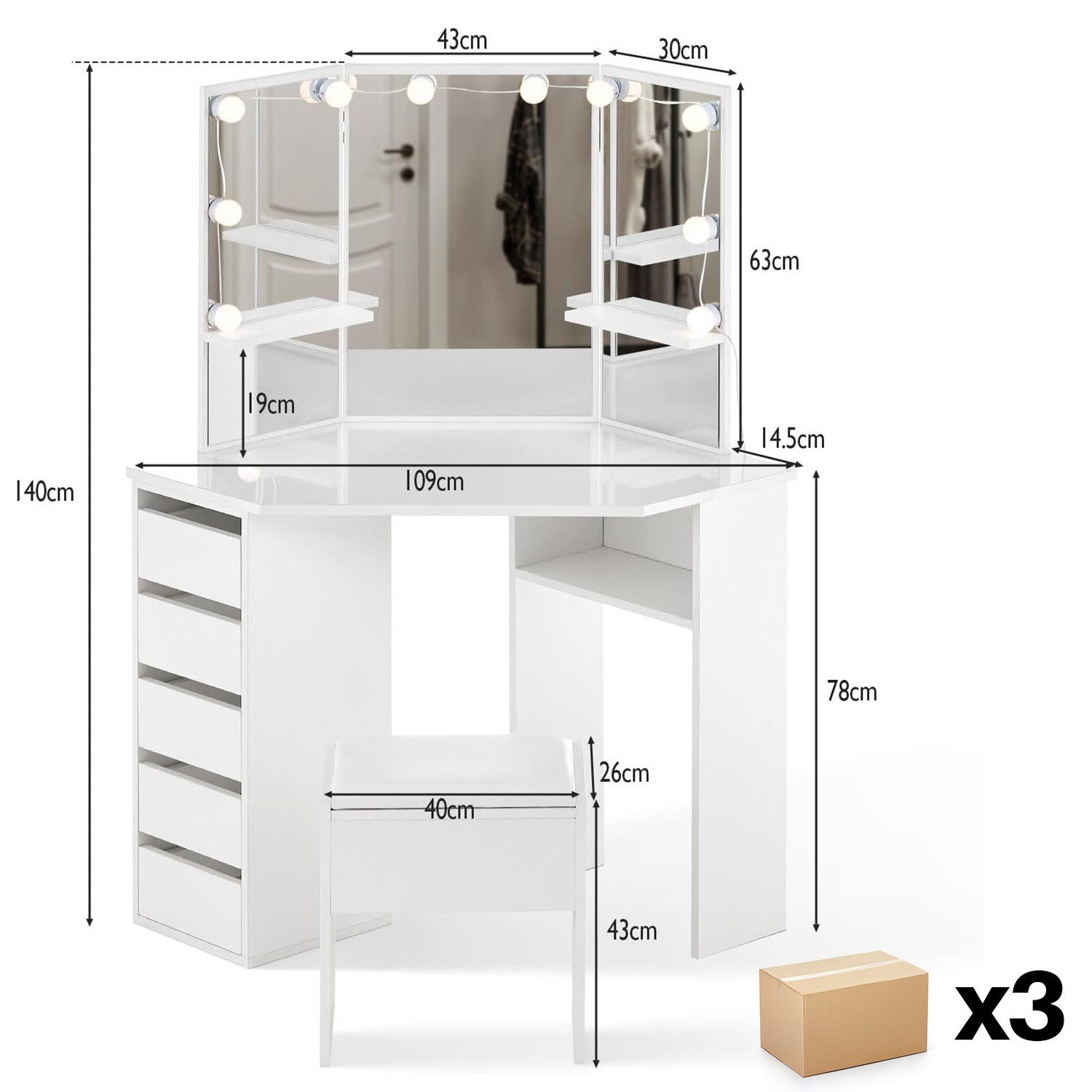 Ofcasa Schminktisch 114x55x140cm Eckschminktisch Inkl. LED günstig online kaufen