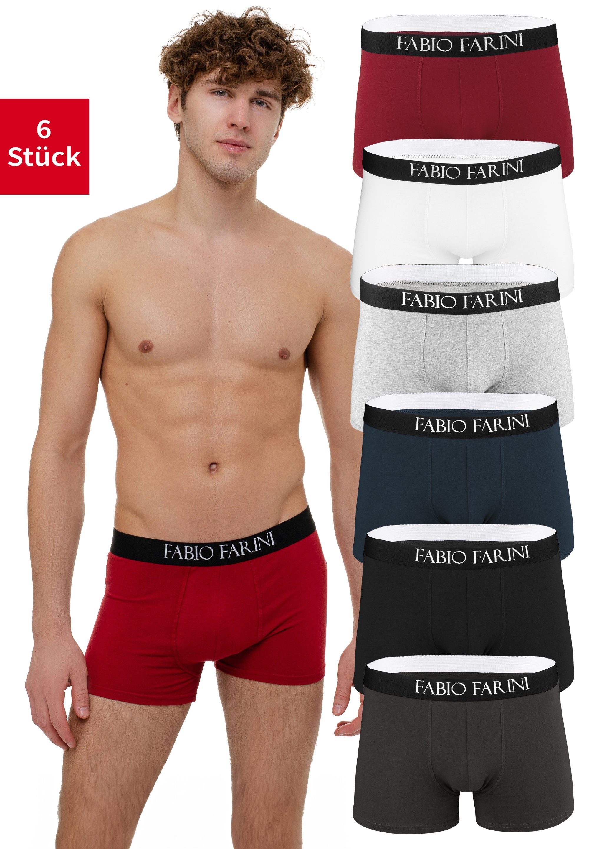 Fabio Farini Boxershorts Eng anliegende Herren Unterhosen - Männer Retroshorts (6-St) aus Baumwolle, ohne kratzenden Zettel Schwarz/Dunkelgrau/Dunkelblau/Rot/Grau Melange/Weiß