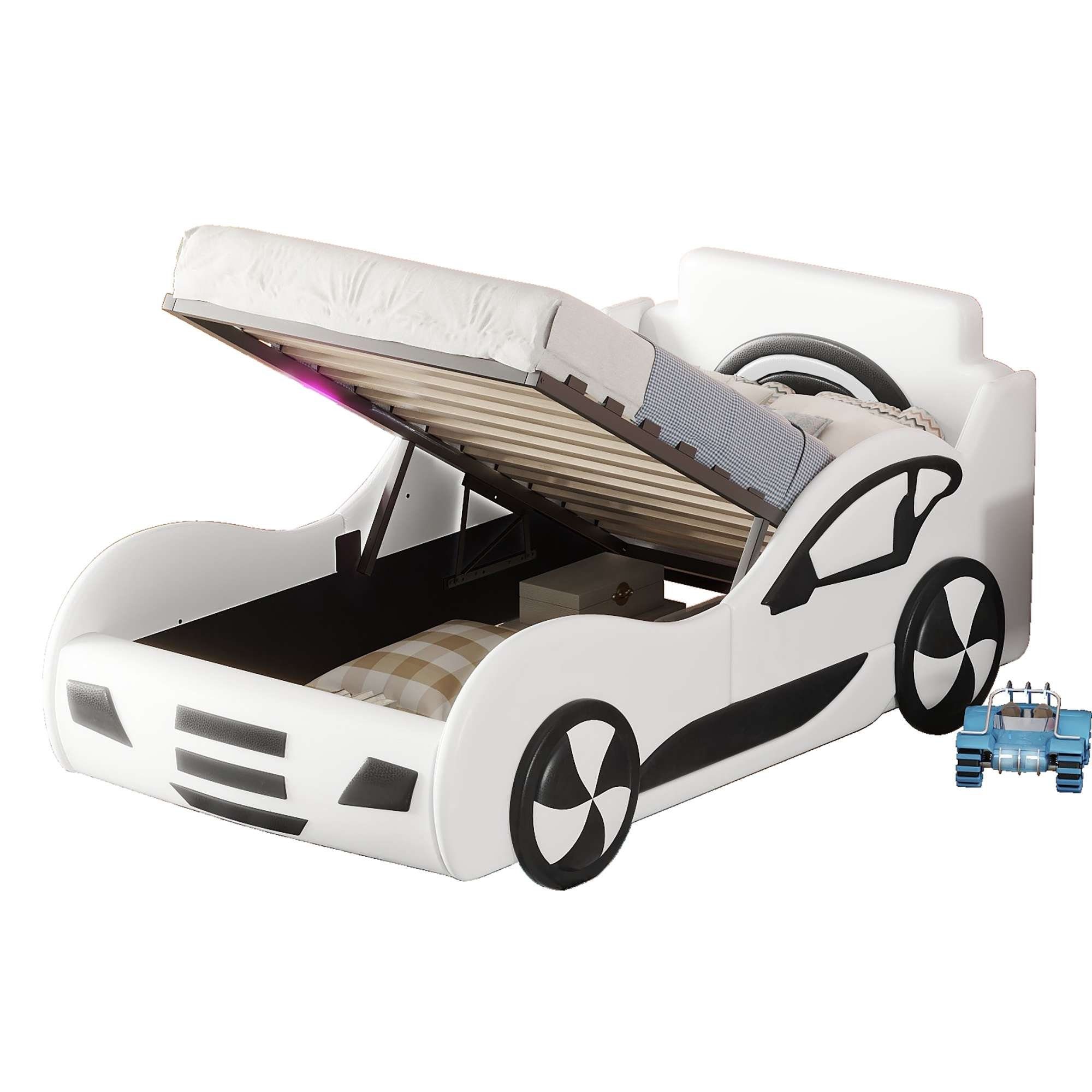 BlingBin Kinderbett 90 (1er 200 Unterbettstauraum Matratzen), mit Weiß | Kinderbett 1-tlg., | Autobett cm Modell Set, Flachbett x Weiß ohne Bett Weiß