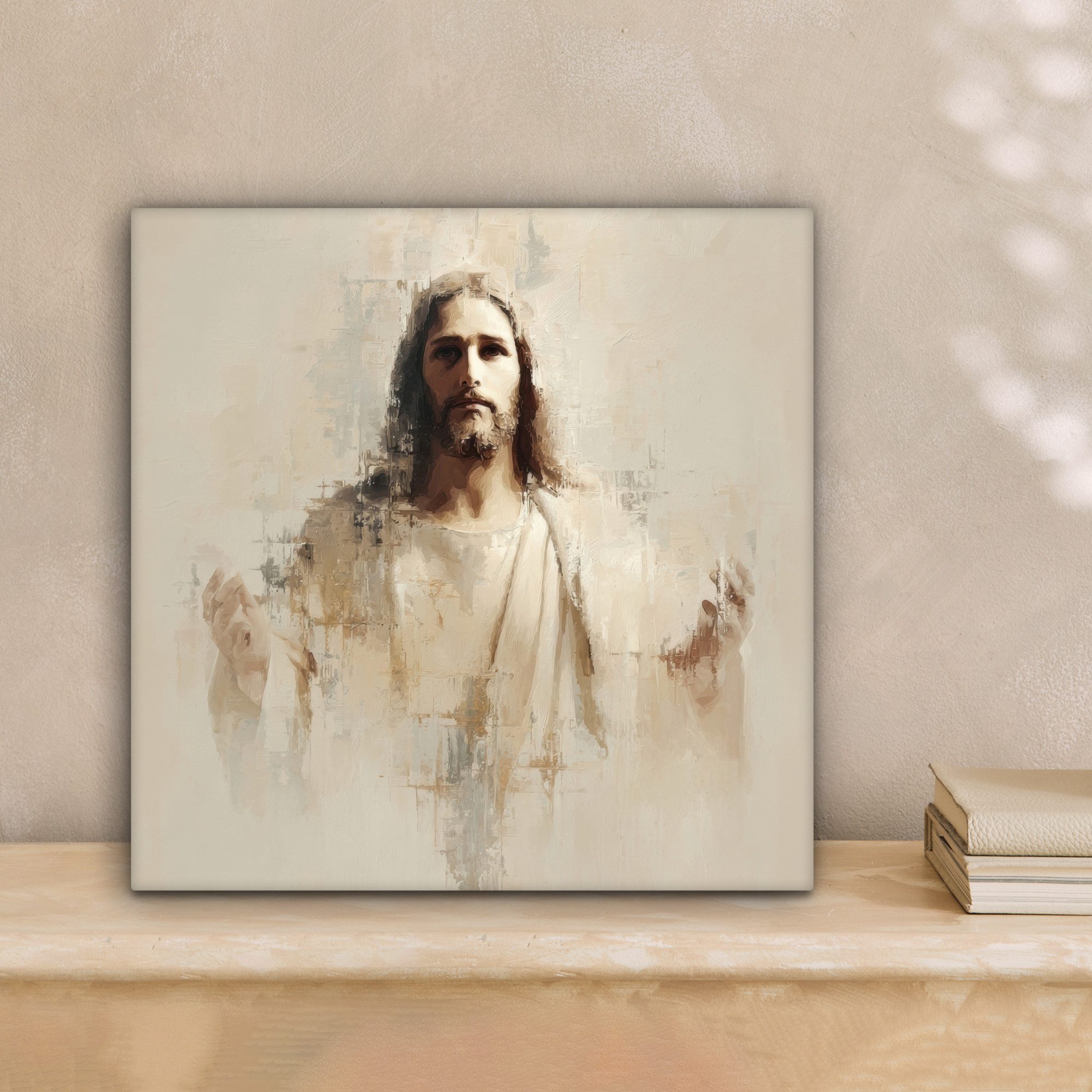 OneMillionCanvasses® Leinwandbild Porträt - Abstrakt - Jesus - Beige, Fotodruck (1 St), Wandbild, Deko Schlafzimmer Wohnzimmer Flur 20x20 cm