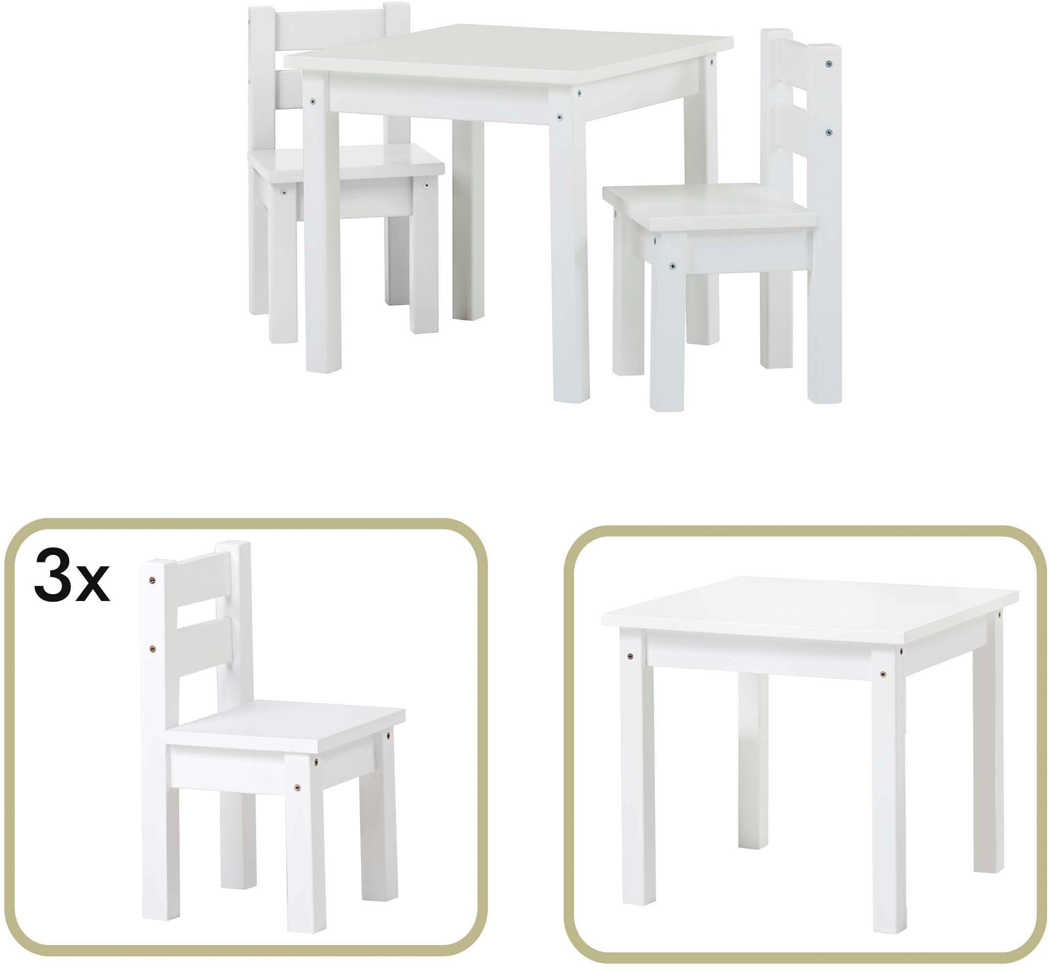 MADS Kindersitzgruppe Tisch, Stühle), drei in mit 4-tlg., 3 1 weiß (Set, Kindersitzgruppe, Stühlen vielen Farben, Hoppekids