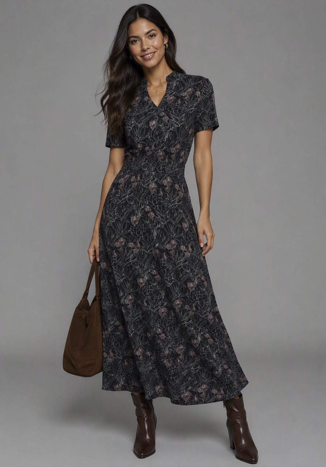 Laura Scott Sommerkleid wadenlang, geblümtes Design, aus Single Jersey, mit Stehkragen