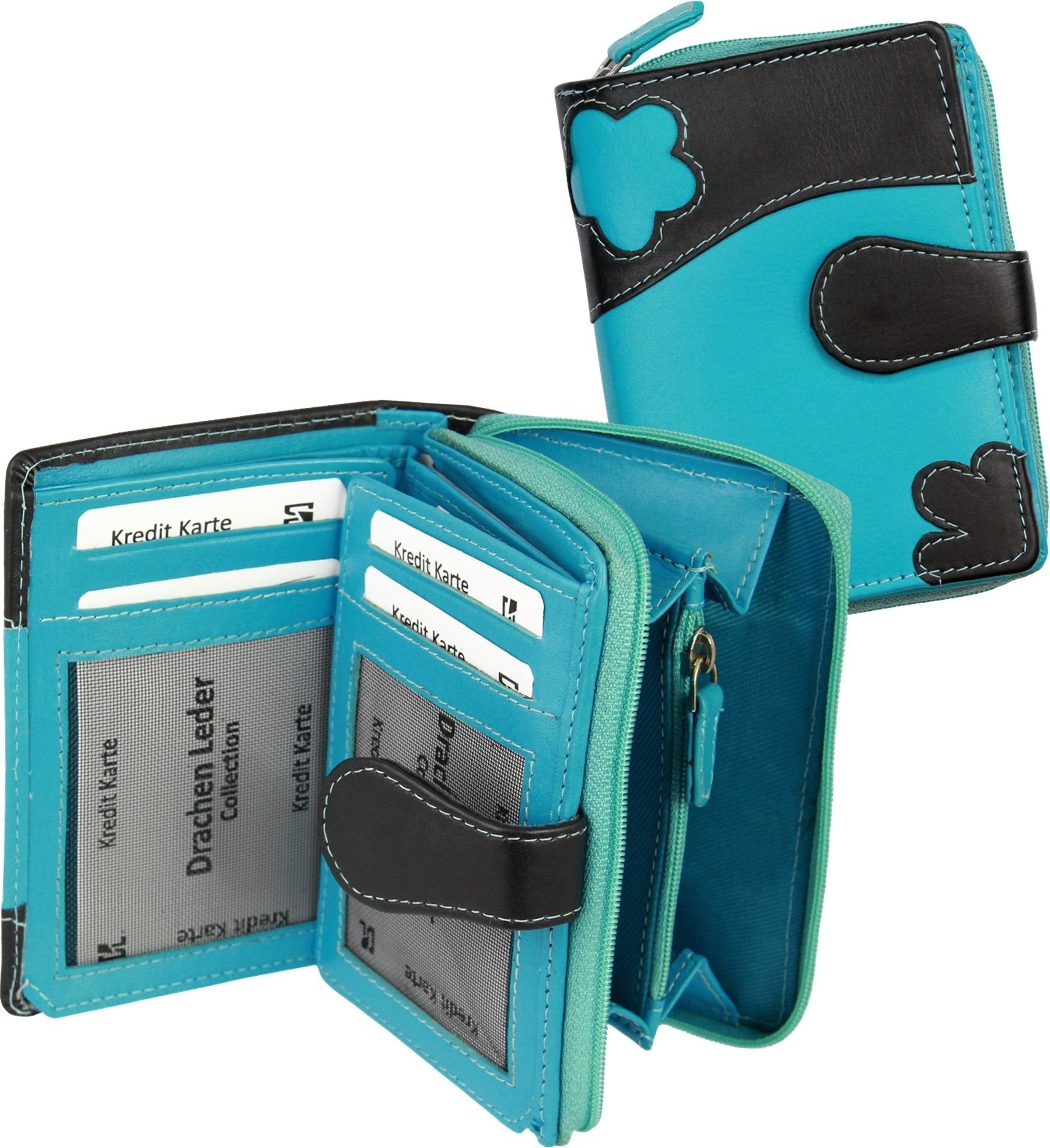 DrachenLeder Geldbörse OPS103X DrachenLeder Geldbörse Brieftasche (Portemonnaie, Portemonnaie), Damen, Jugend Portemonnaie Echtleder Größe ca. 9cm, schwarz, türkis, B