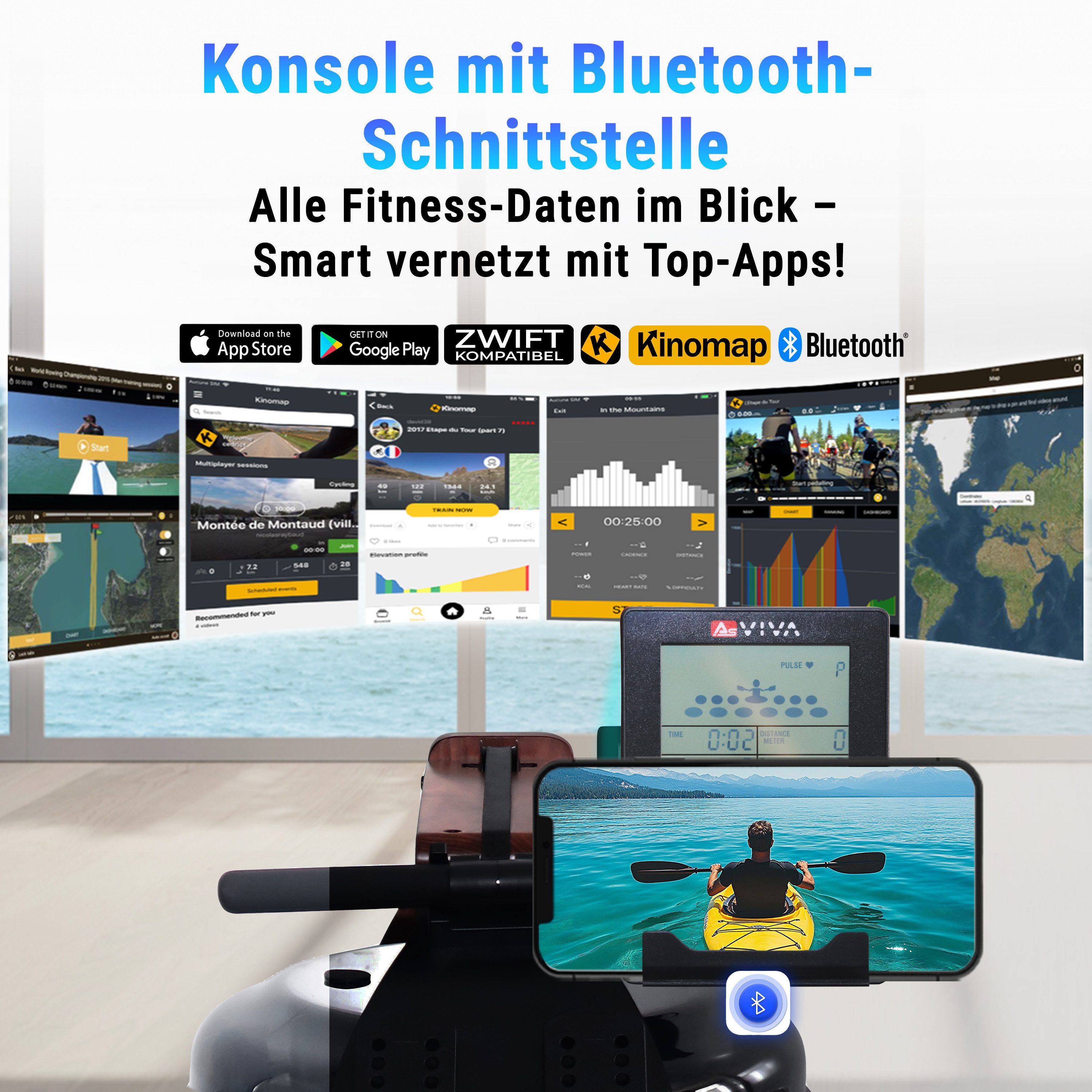 AsVIVA Rudergerät RA18 Wasserrudergerät, Wasserantrieb, Bluetooth-Fitness-App-Kompatibel, Klappbar