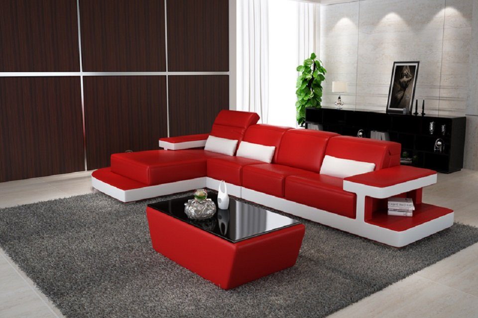 JVmoebel Ecksofa, Leder Modern Couch Wohnlandschaft Ledersofa Sofagarnitur Sofa L-Form Rot/Weiß