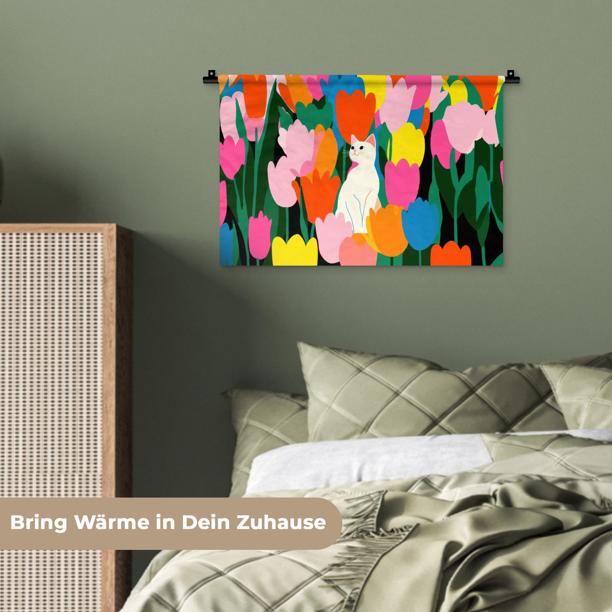 MuchoWow Wandteppich Tulpen - Katze - Farbenfroh, Rechteckig, Höhe: 3 mm, Wandteppich für Wohnzimmer, Schlafzimmer, 60x40 cm