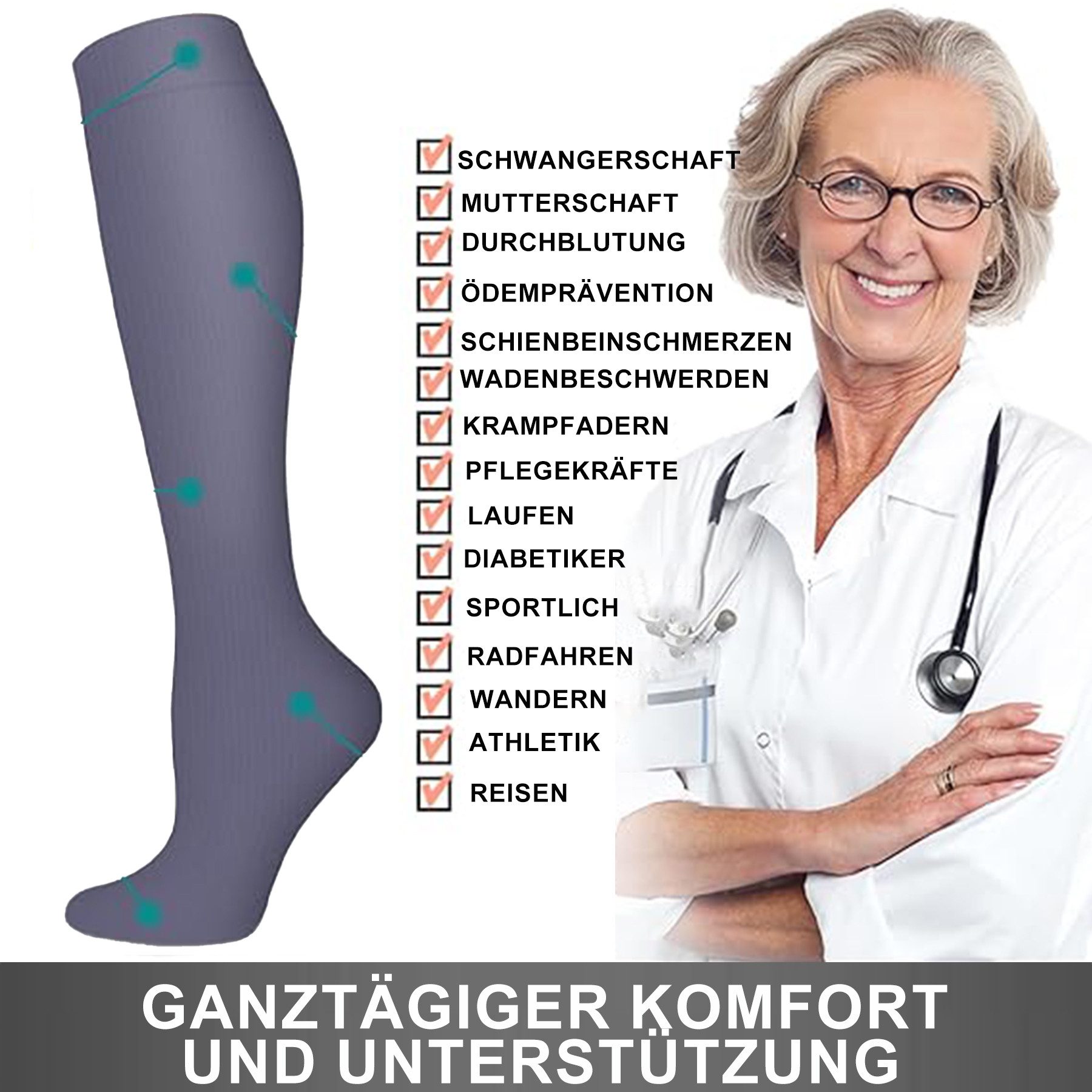 Mutig Kompressionsstrümpfe 6 Paar Kompressionsstrümpfe 15-30mmHg,Stützstrümpfe für Damen & Herren (für Flug, Sport, Laufen, Radsport, Krankenschwester,Schwanger – Bild 3 von 5