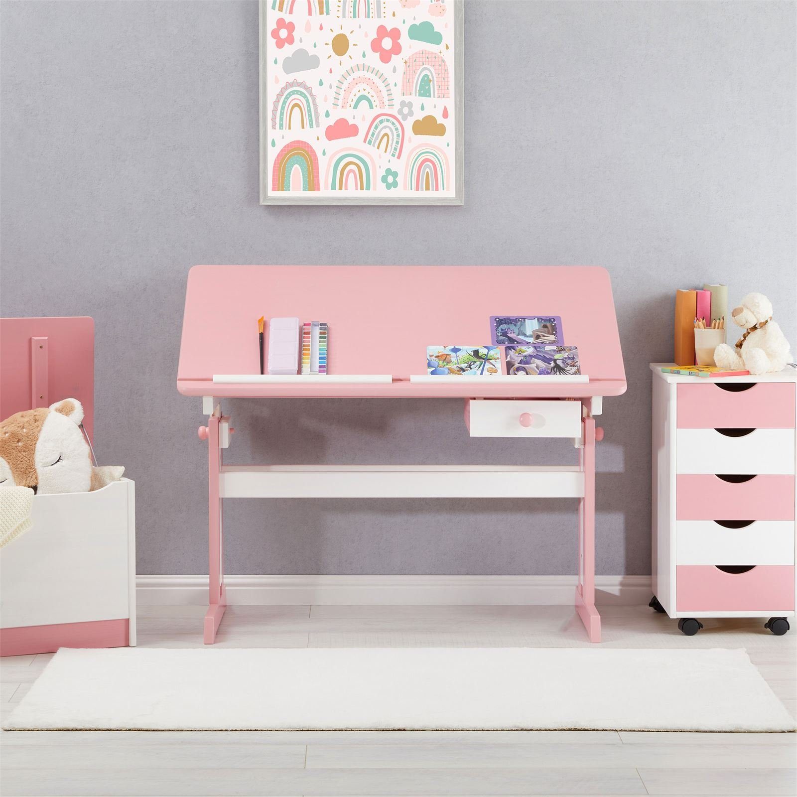 IDIMEX Kinderschreibtisch FLEXI, Kinderzimmer Lerntisch höhenverstellbar aus Massivholz Weiß/Rosa