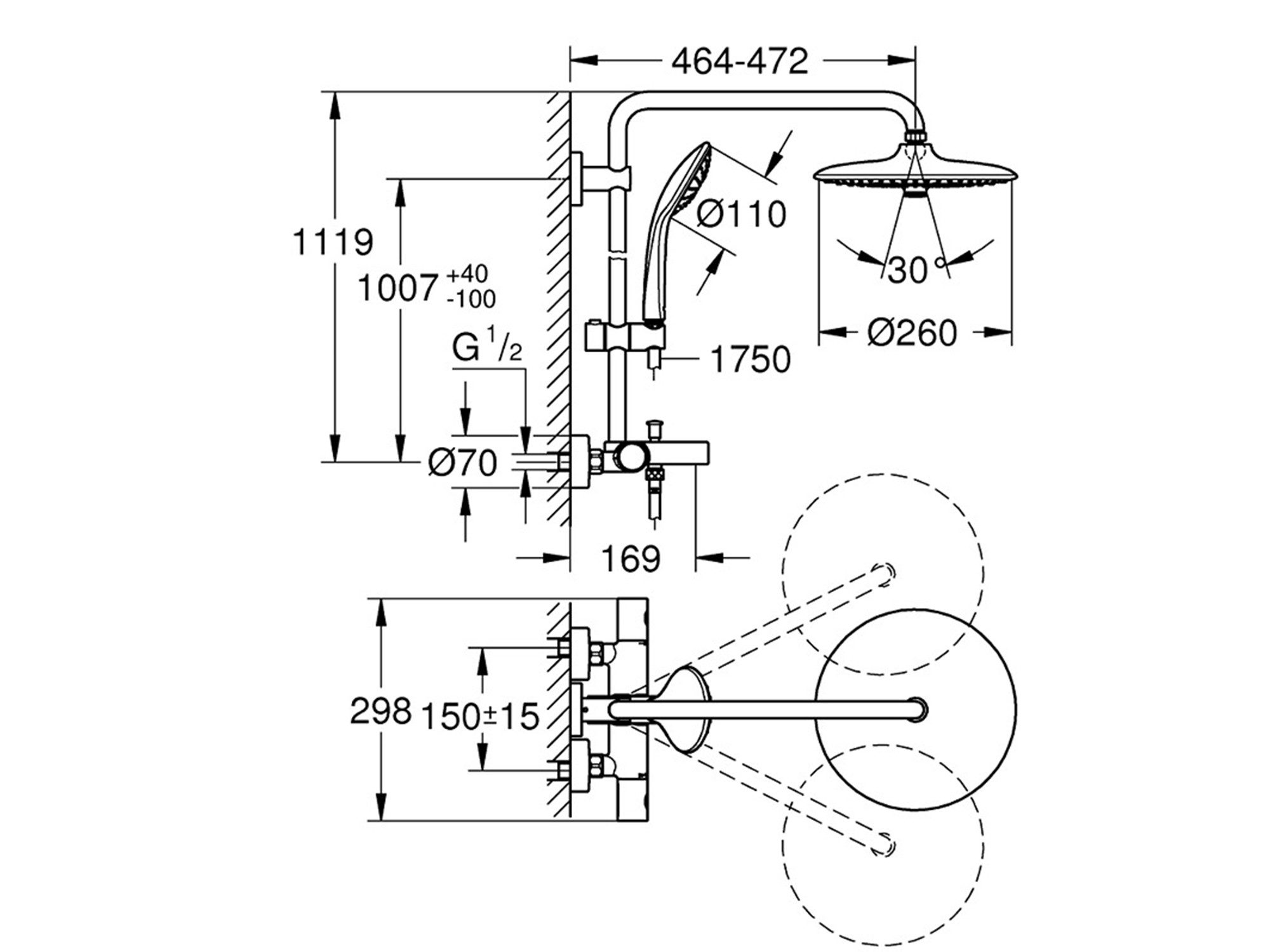 Grohe Duschsystem Euphoria System 260 Duschset mit Thermostat-Wannenbatterie chrom, Höhe 111.9 cm, 3 Strahlart(en), Regenduschset mit Handbrause, Duscharmatur mit Wanneneinlauf, Wandmontage, Regendusche
