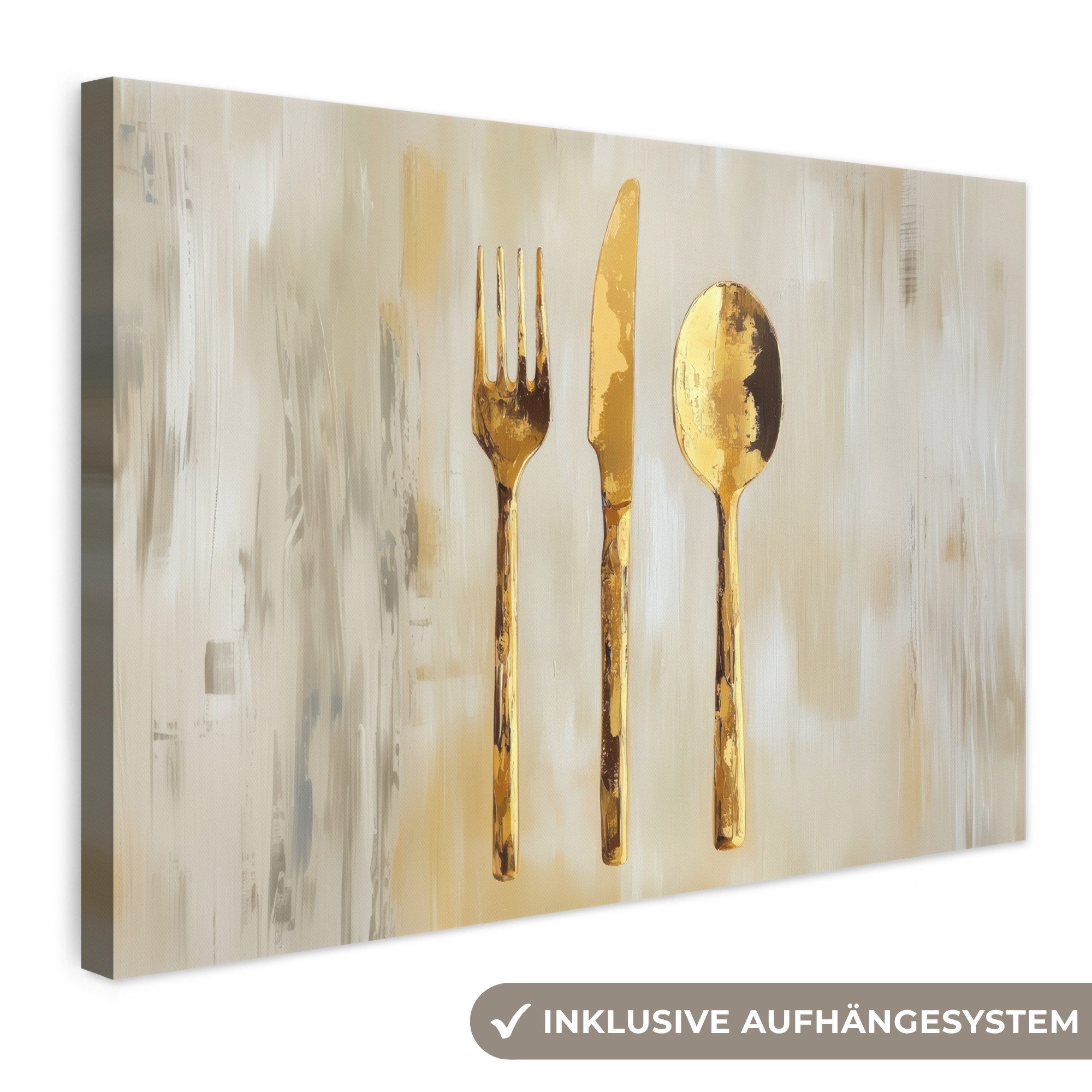 OneMillionCanvasses® Leinwandbild Farbe - Gold - Besteck - Küche, Fotodruck (1 St), Leinwand Bilder Klein, Wand Dekoration Aesthetic 30x20 cm