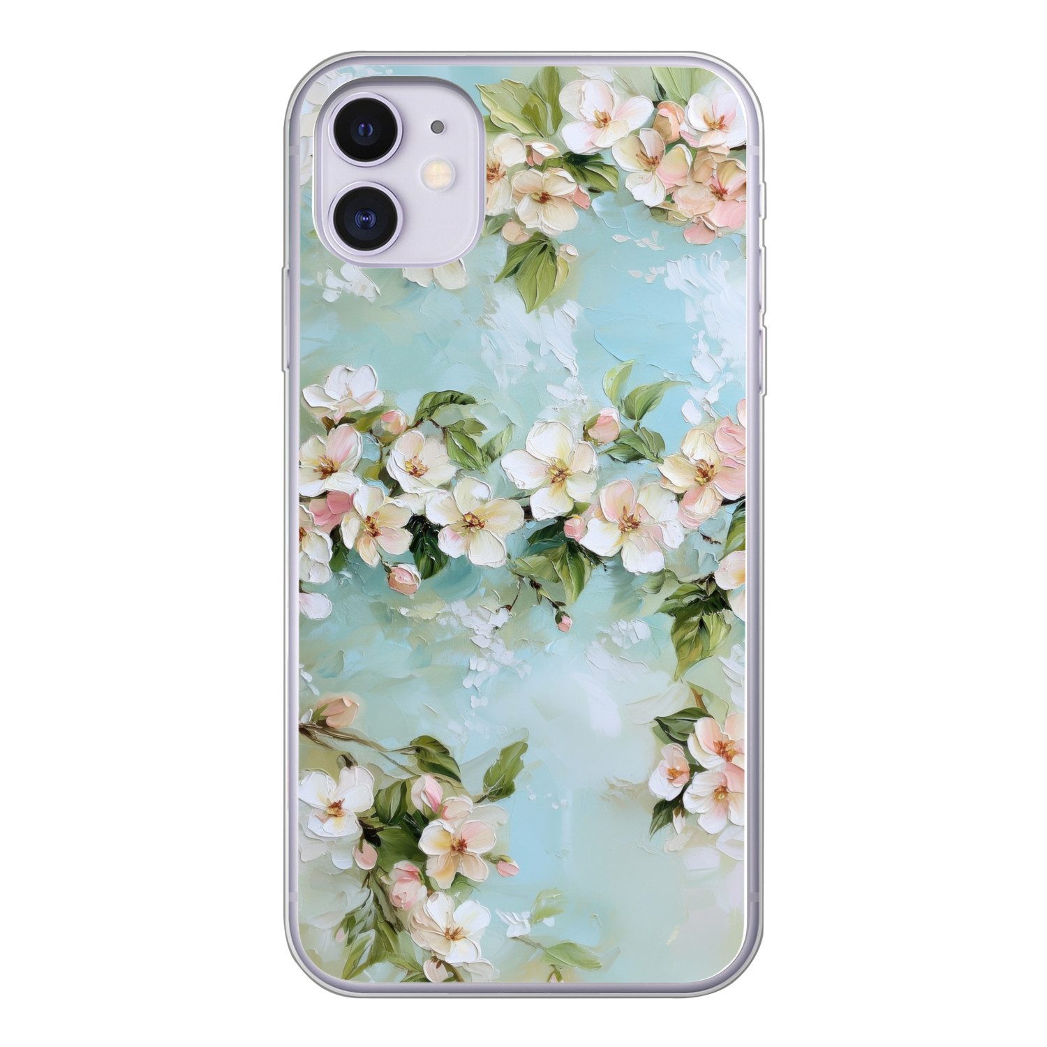 MuchoWow Handyhülle für Apple iPhone 11 Blüte - Blätter - Hellblau, Smartphone-Bumper, Print, Handy Schutzhülle Dünn