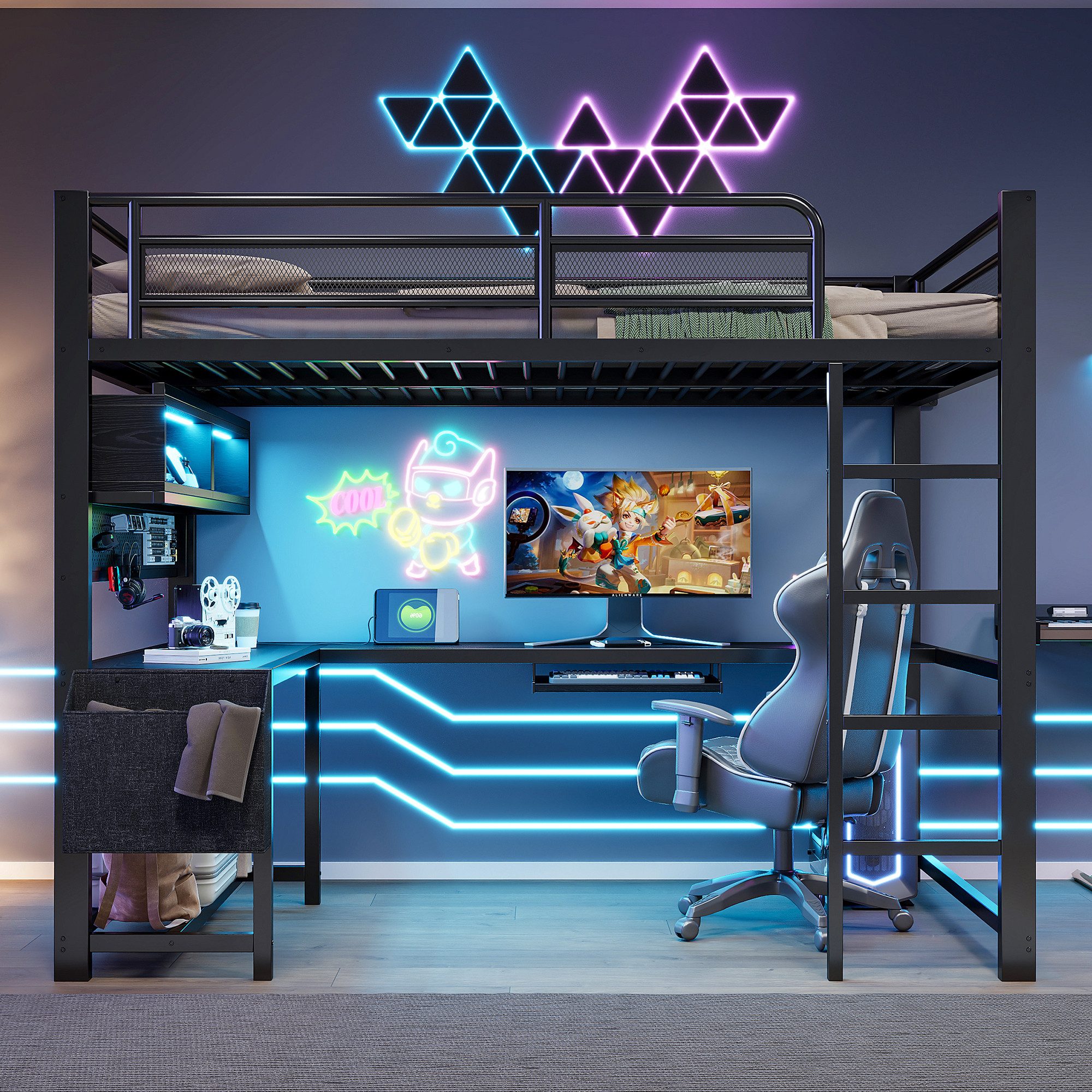 REDOM Hochbett Kinderbett mit Schreibtisch (Tastaturablage, Staufächern, LED-Beleuchtung und Ladestation, Schwarz/Weiß, 1-St., 140x200cm)
