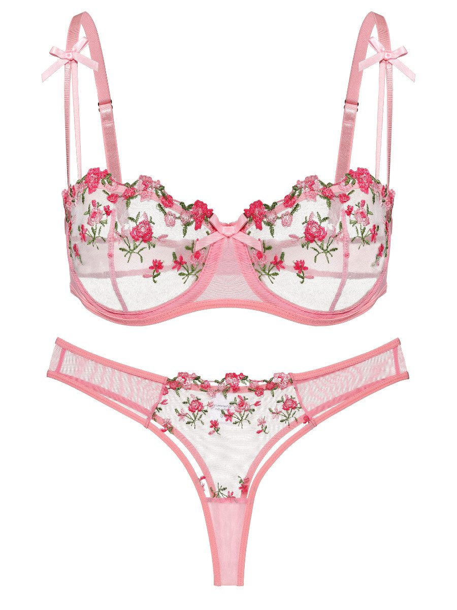 Elegant Love Set: Bügel-BH Sexy Dessous Set für Damen, bestickter BH & Tüll-Tanga (Set, 2-tlg., mit Panty) elegantes Lingerie mit String, Unterwäsche, Blumenmuster BH-Set