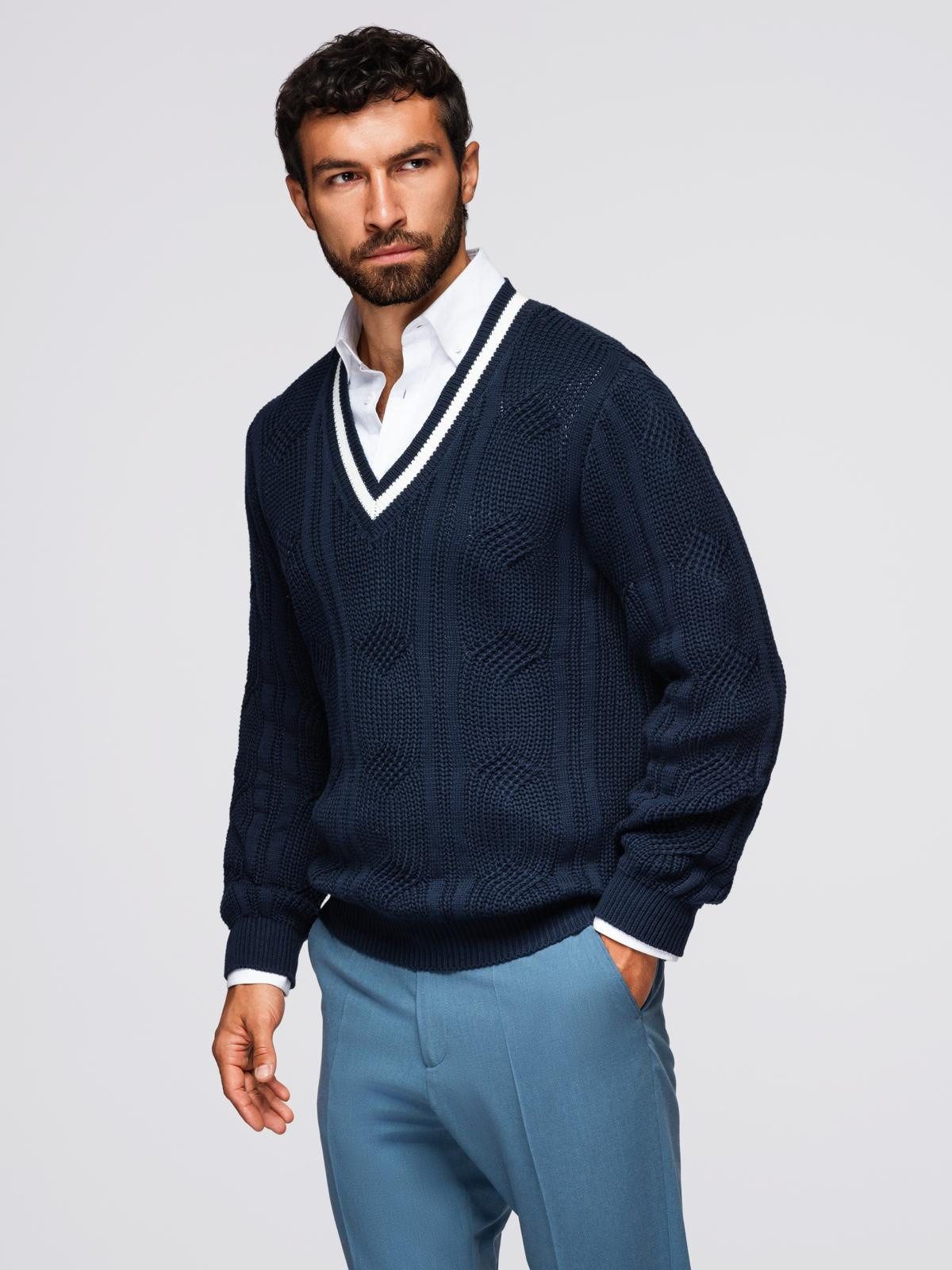 OMBRE V-Ausschnitt-Pullover Herrenpullover mit Zopfmuster und V-Ausschnitt