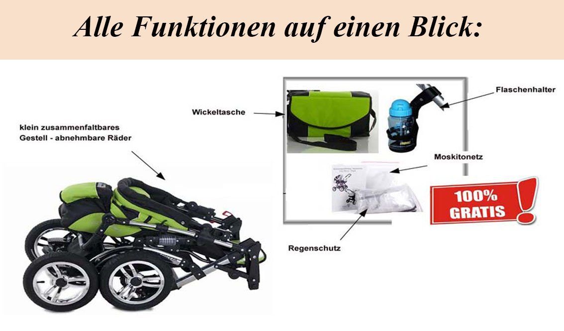 Flash Kombi-Kinderwagen - 14 Teile Kinderwagen-Set 2 Farben in babies-on-wheels 18 in 1 - Schwarz-Türkis