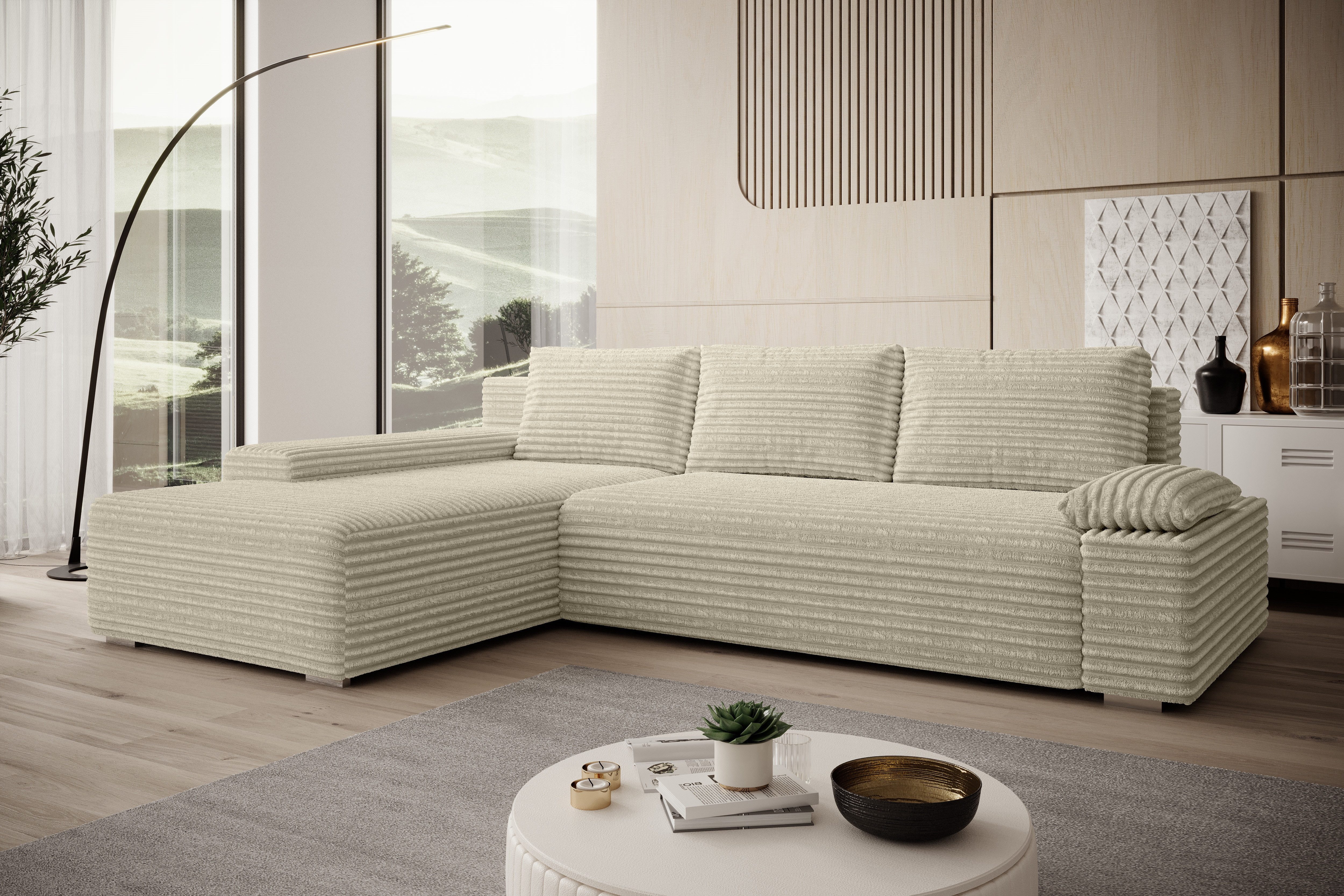 PROMETO Möbel Ecksofa Ecksofa LINEA mit Schlaffunktion und Bettkasten in Beige und Grau