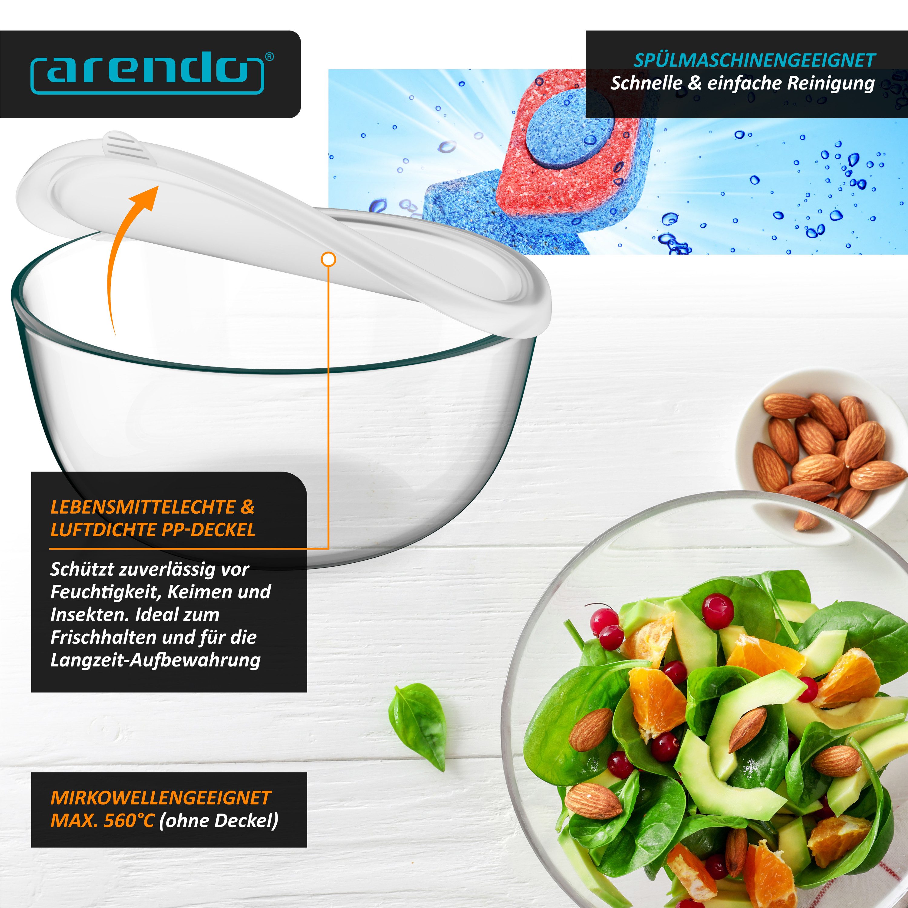 Arendo Salatschüssel 3er Set mit Deckel, Glasschüssel 1,1L / 2,7L / 4,4L, Glas Rührschüssel, Glas, (Set, 3-tlg), Glasschale, BPA-frei, Spülmaschinen und Mikrowellen geeignet