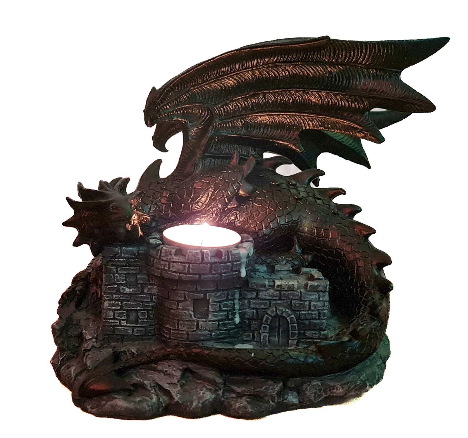 Kremers Schatzkiste Teelichthalter XXL Drache Burg Drachenwächter 19 cm Figur Gothic Deko Teelicht