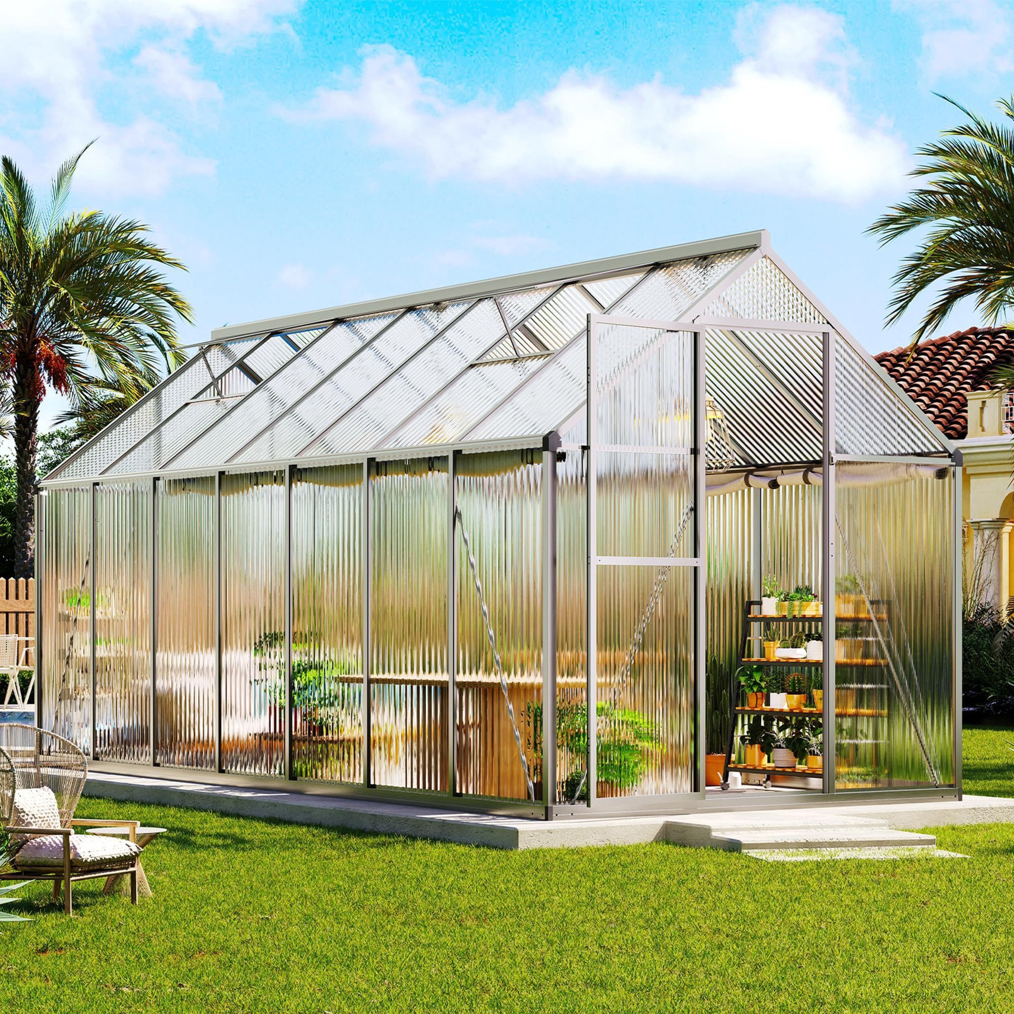 AMERLIFE Gewächshaus mit Schnellmontage & Aluminiumrahmen, 2 Belüftungsfenster, BxTxH: 423 x 181 x 195 cm, 181×423×195 cm, 14 m³ Volumen, UV-beständig & wetterfest