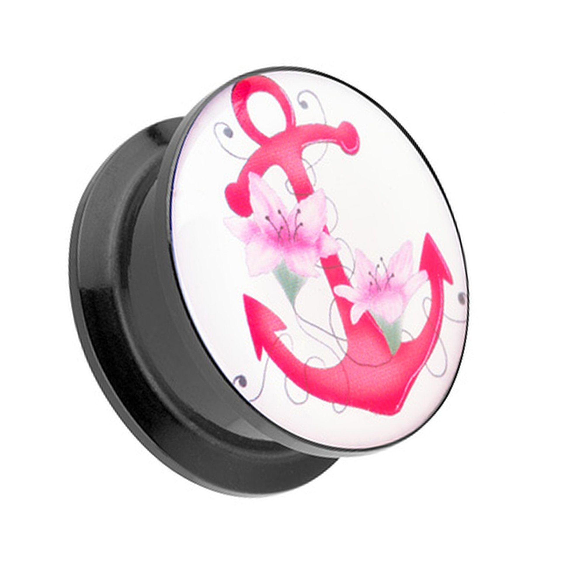 Taffstyle Plug Piercing Schraubverschluß Pink Anchor Anker Motiv, Ohr Plug Flesh Tunnel Ohrpiercing Kunststoff Schraub Pink Blumen Motiv | Plugs