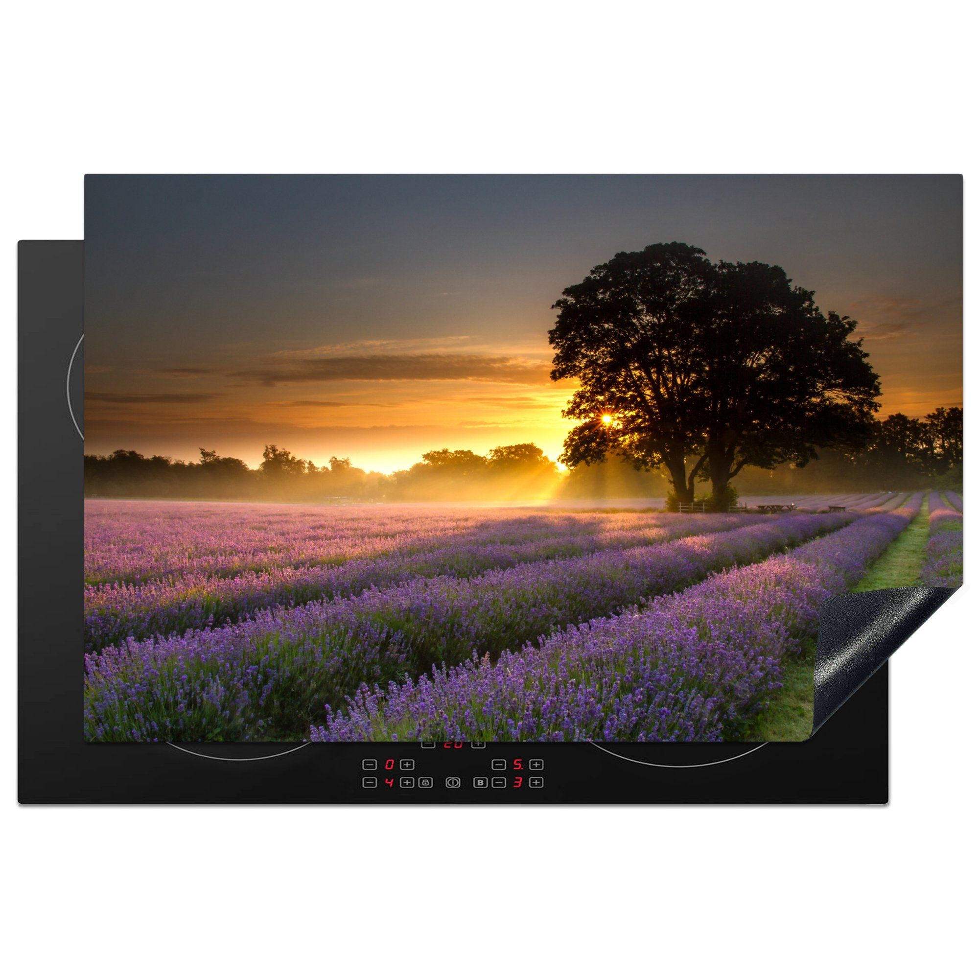 MuchoWow Herdblende-/Abdeckplatte Maifeld-Lavendelfelder bei nebligem Sonnenaufgang, Vinyl, (1 tlg), 81x52 cm, Induktionskochfeld Schutz für die küche, Ceranfeldabdeckung