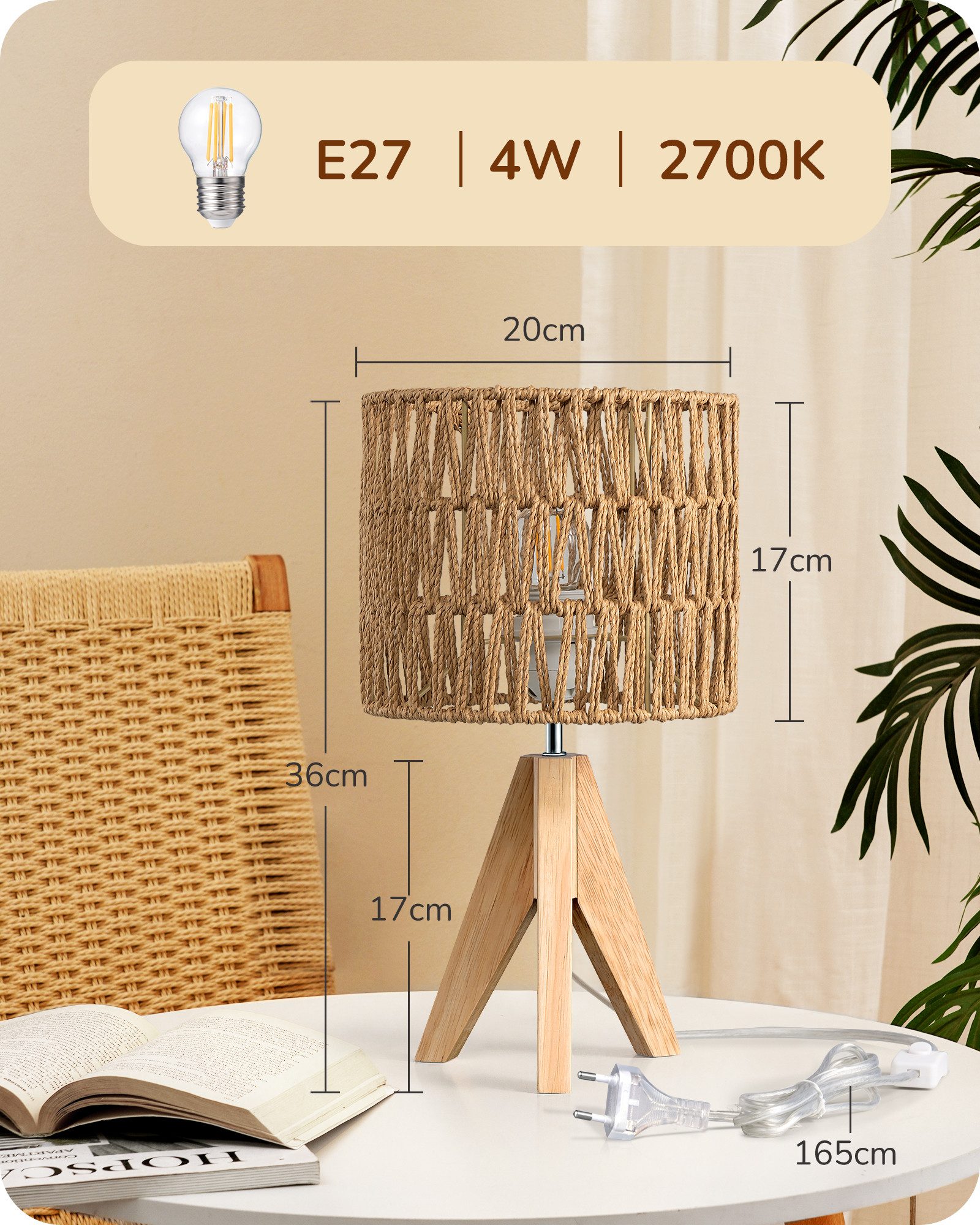 EDISHINE LED Nachttischlampe mit Seil-Lampenschirm, vintage Dekolampe, LED wechselbar, Warmweiß, Tischlampe holz mit Leuchtmittel, Boho Tischleuchte für Schlafz – Bild 4 von 5