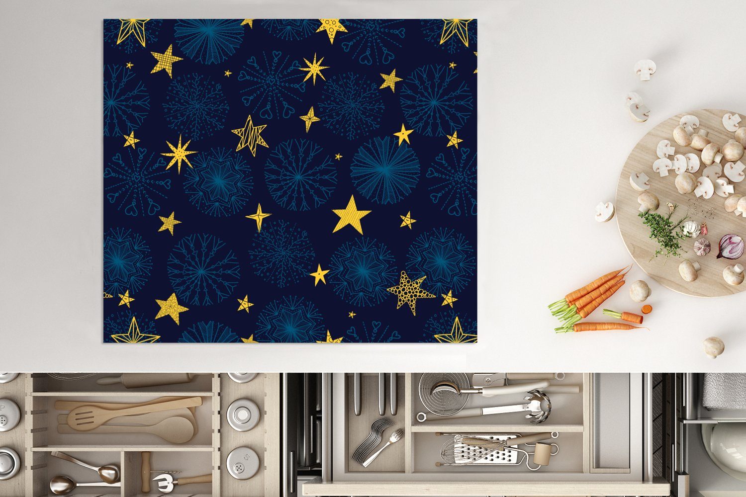 MuchoWow Herdblende-/Abdeckplatte Sterne Weihnachten, nutzbar, Mobile - Schnee Vinyl, Ceranfeldabdeckung 60x52 (1 Muster - cm, Arbeitsfläche - tlg)