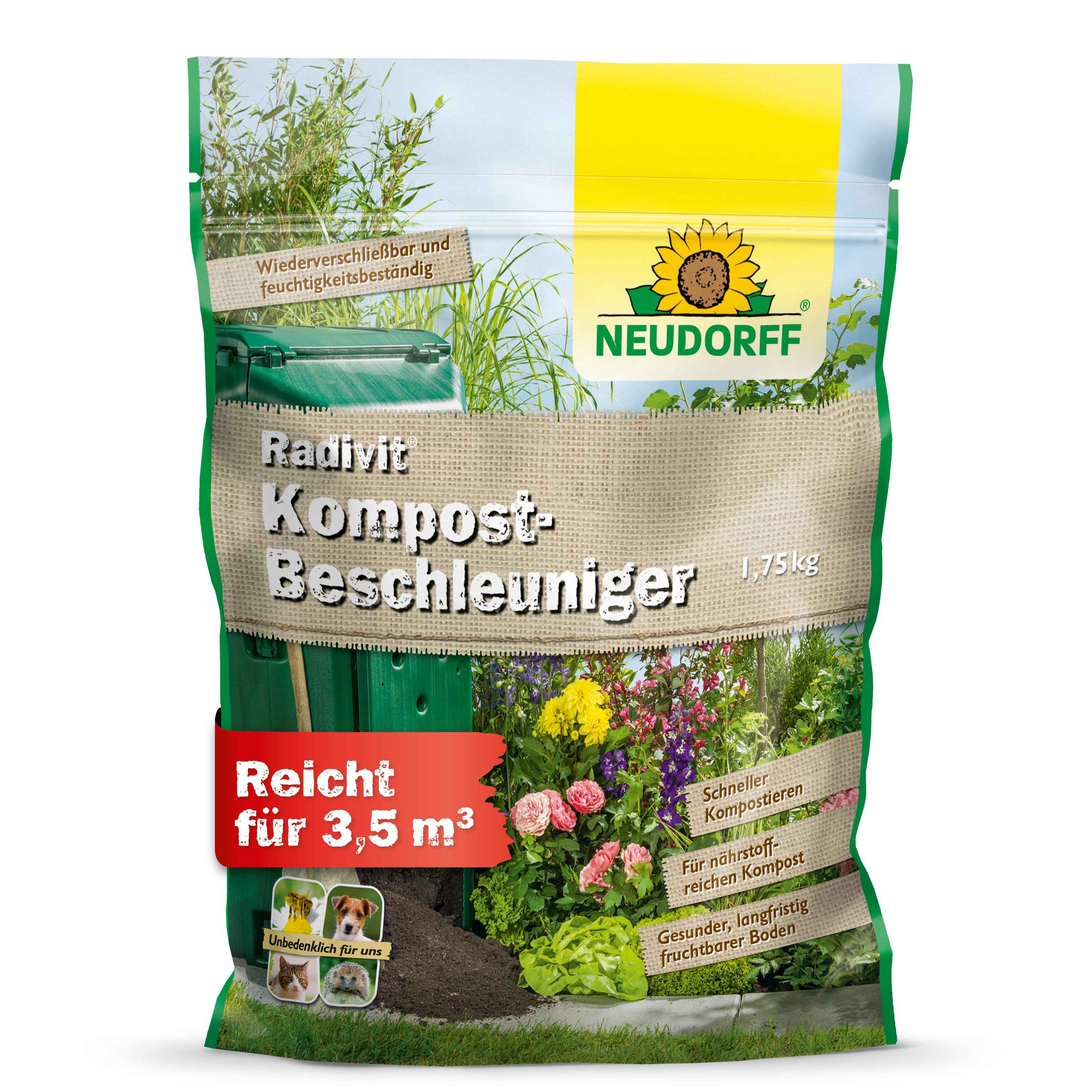 Neudorff Kompostbeschleuniger Radivit 1,75 kg, mit KompostBeschleuniger, (Kompost-Beschleuniger mit NPK-Dünger 8-3-4, Für bis zu 58 m² Fläche oder 3,5 m³ Kompostmaterial), Mit lebenden Mikroorganismen und Mykorrhiza