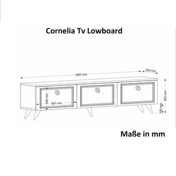 moebel17 Lowboard TV Lowboard Cornelia Weiß, Speziell angefertigte Türgriffe vergoldet, TV Lowboard mit viel Stauraum, Ein echter Blickfang im modernen Design