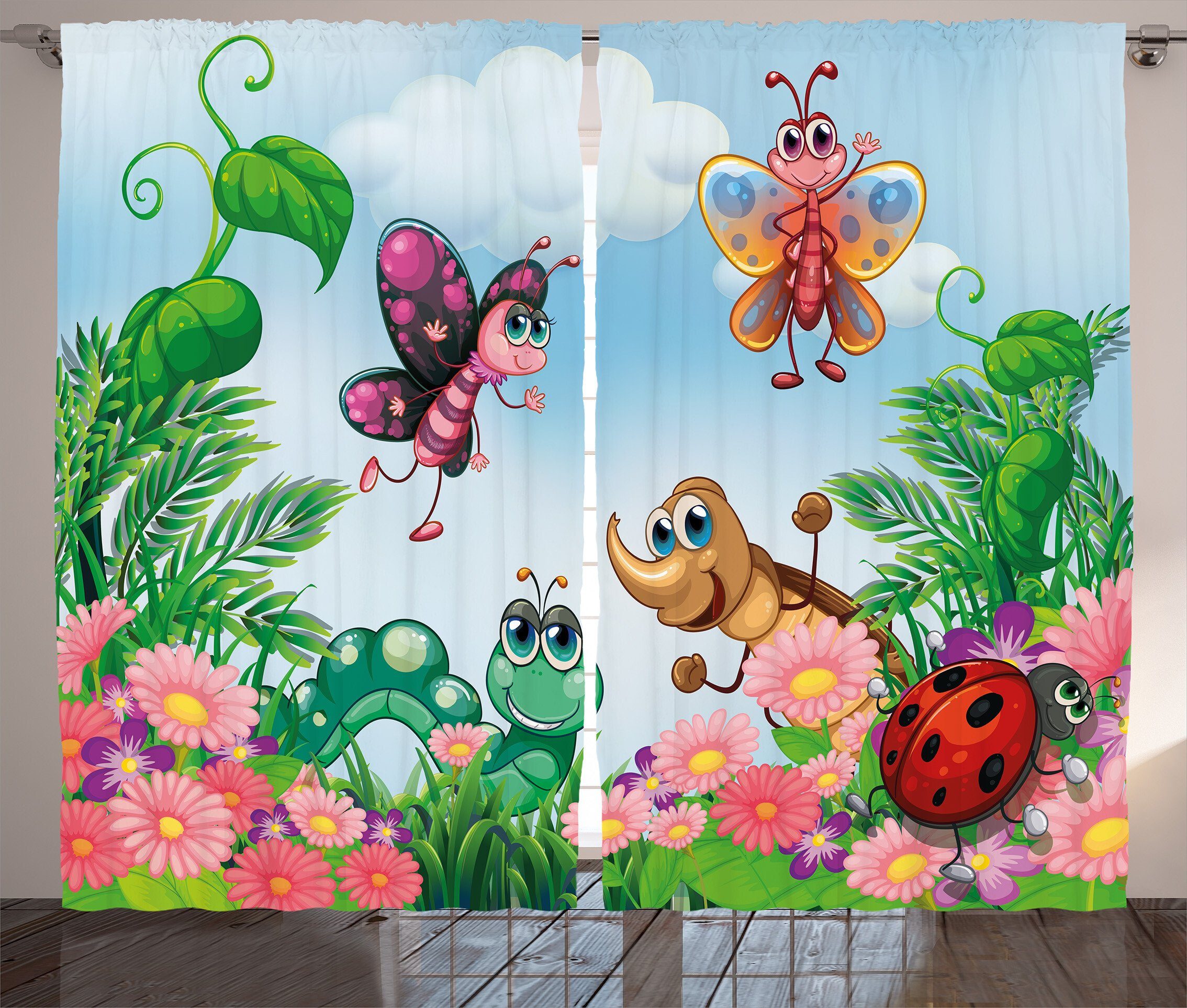 Gardine Schlafzimmer Kräuselband Vorhang Schmetterlings-Marienkäfer-Wurm Abakuhaus, Haken, Garten Schlaufen und mit